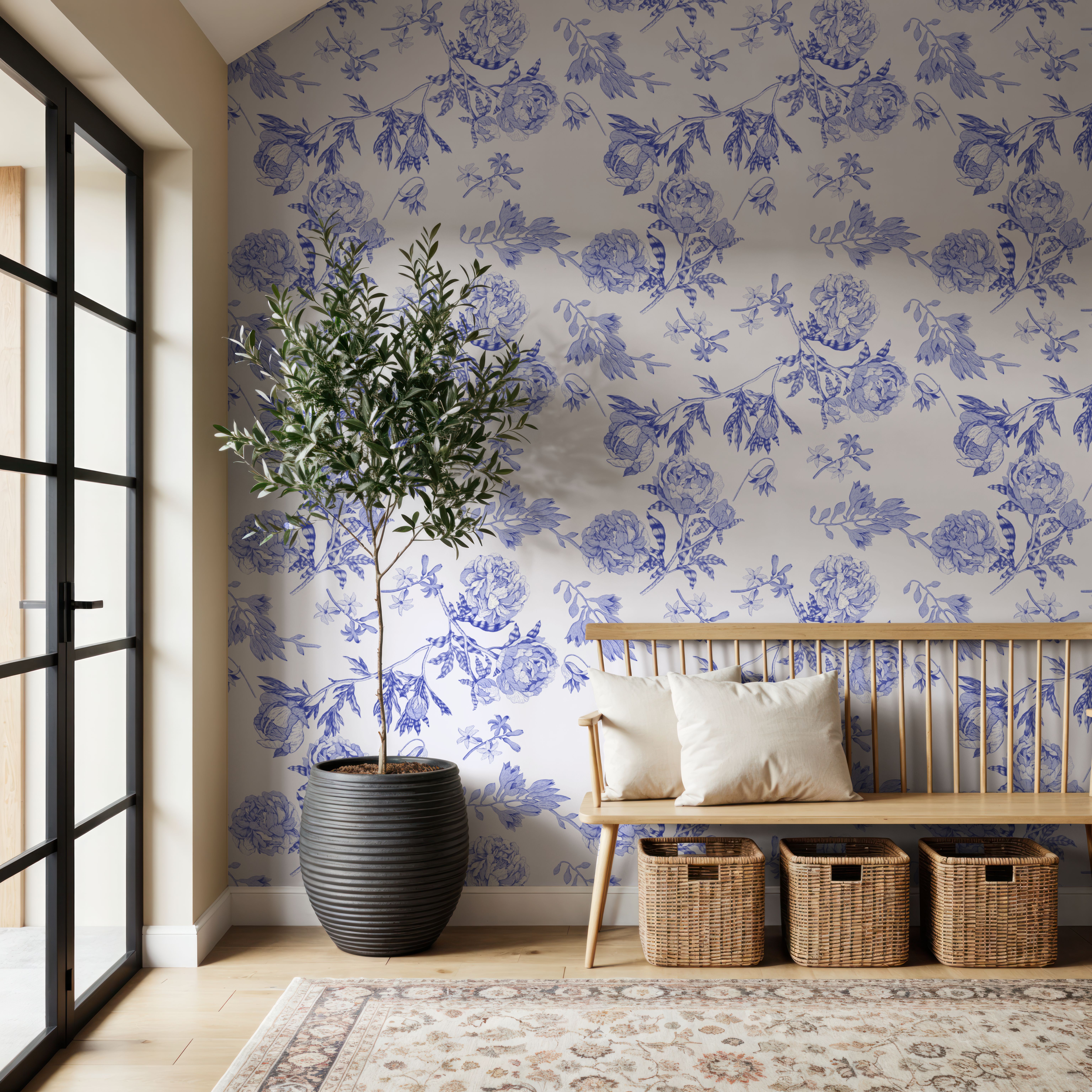 Peony Passion, Blue on White, Behang