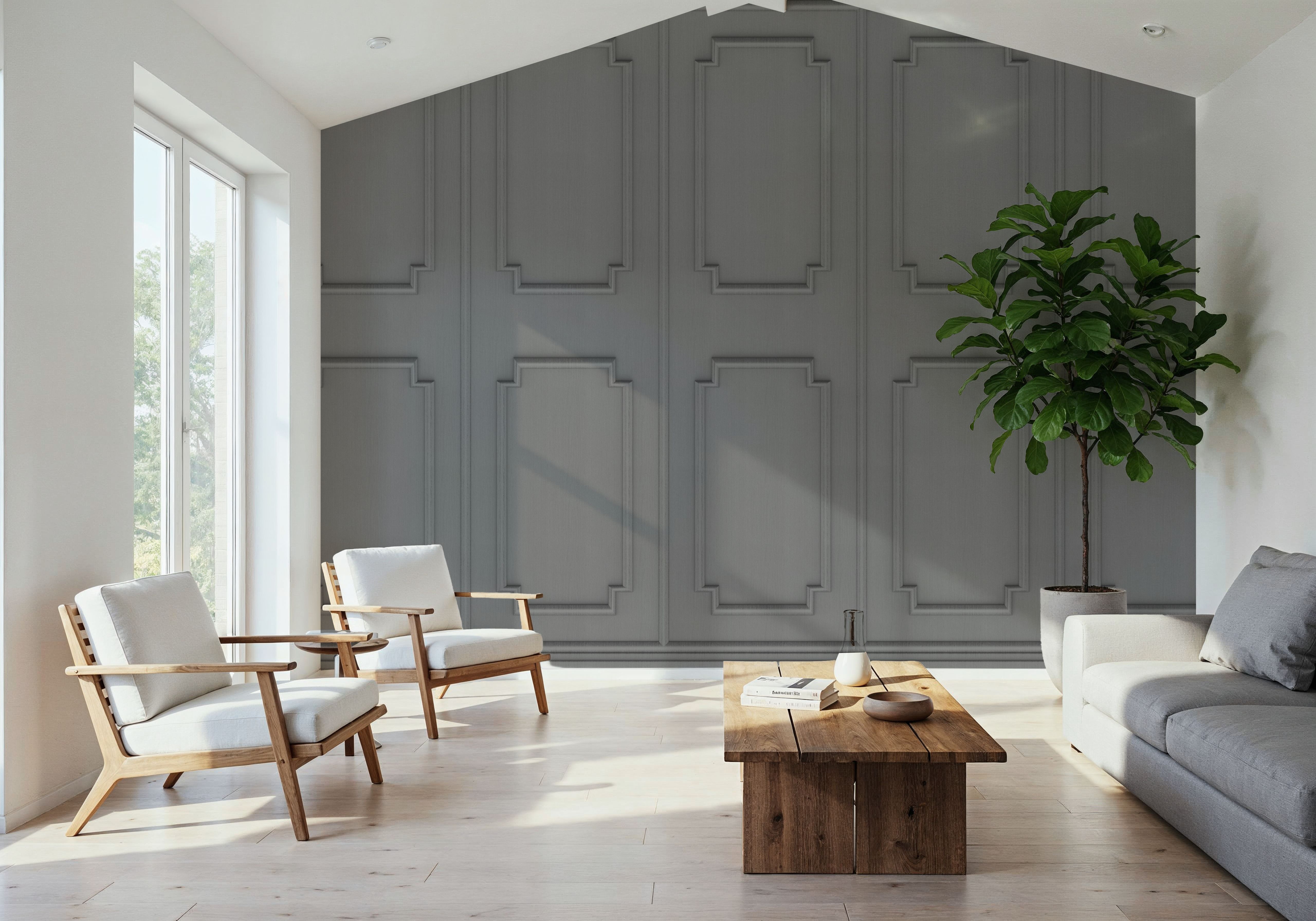 Faux Wall Panel Moulding, Soft Grey, Wallpaper