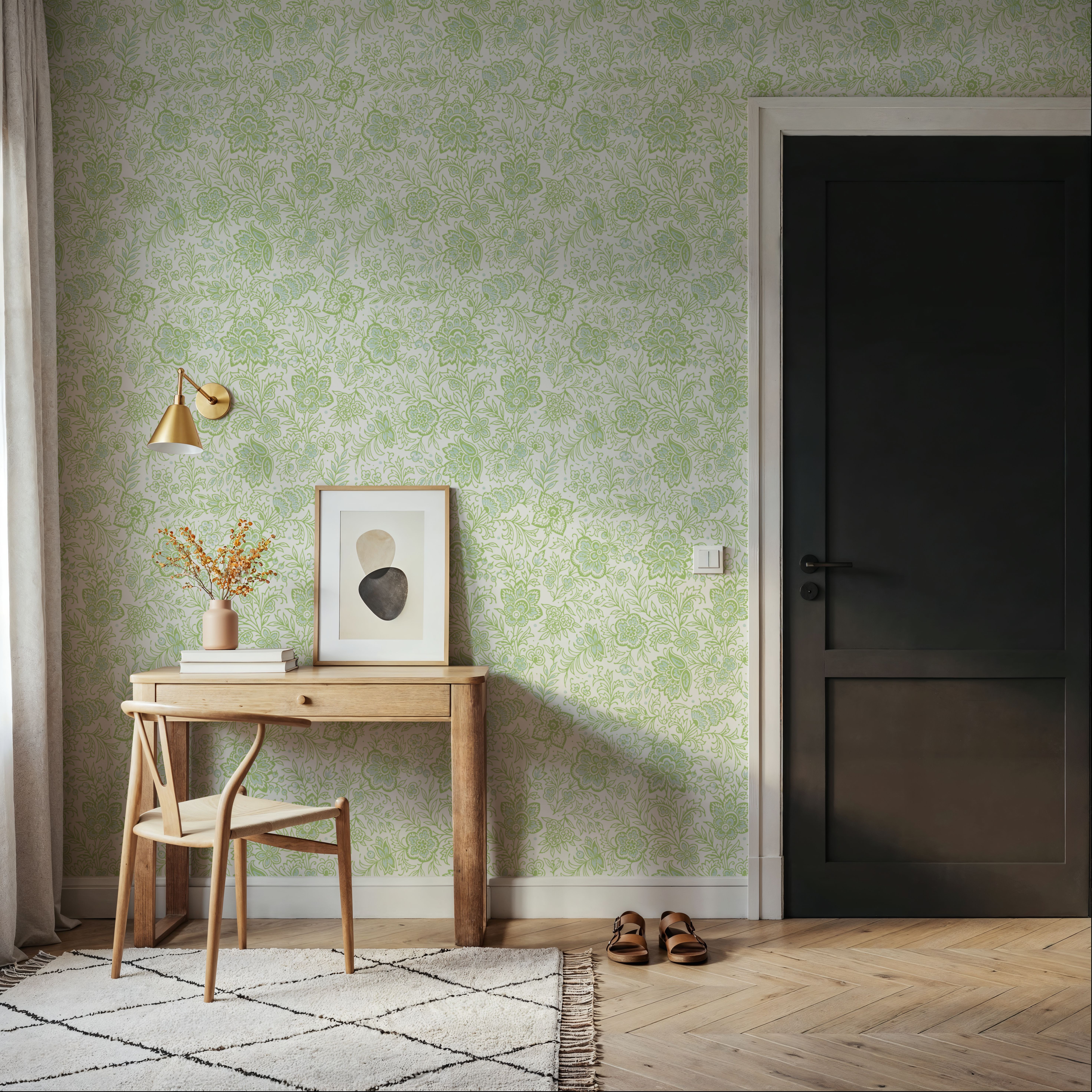 Kala Flowers Green on White