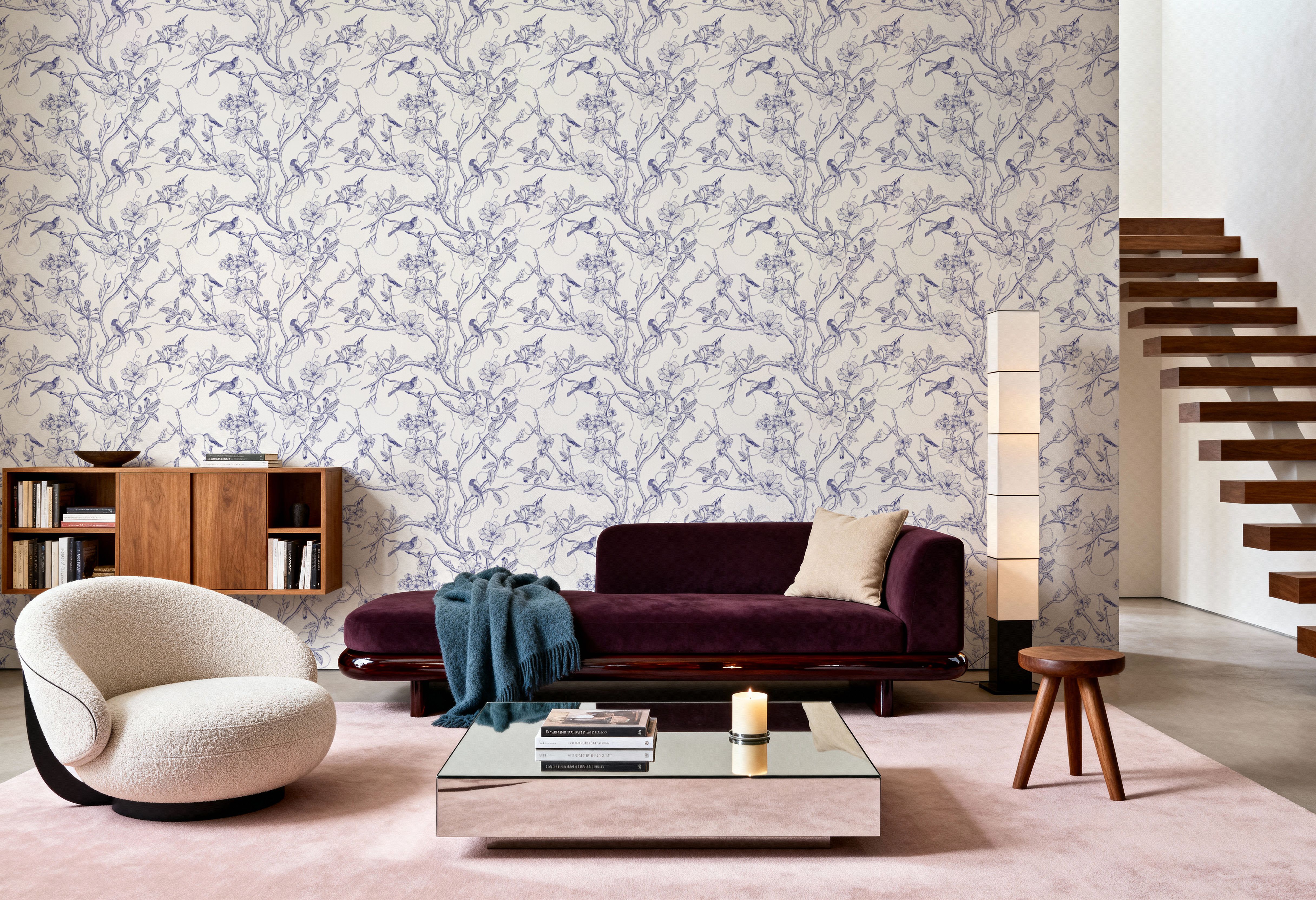 Trailing Tree of Life, Blue on White, Wallpaper