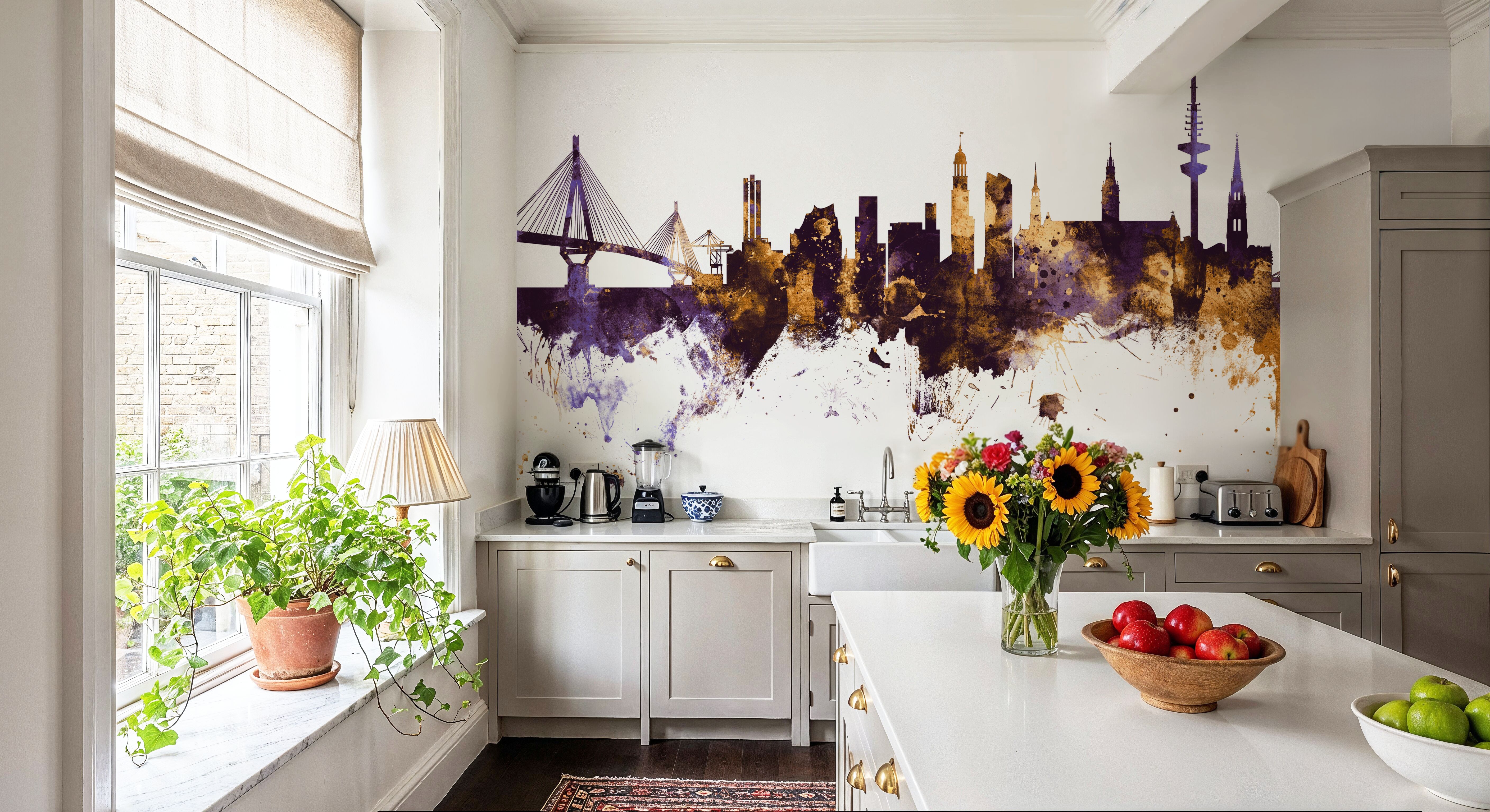 Hamburg Germany Skyline Purlpe & Gold, Tapeten