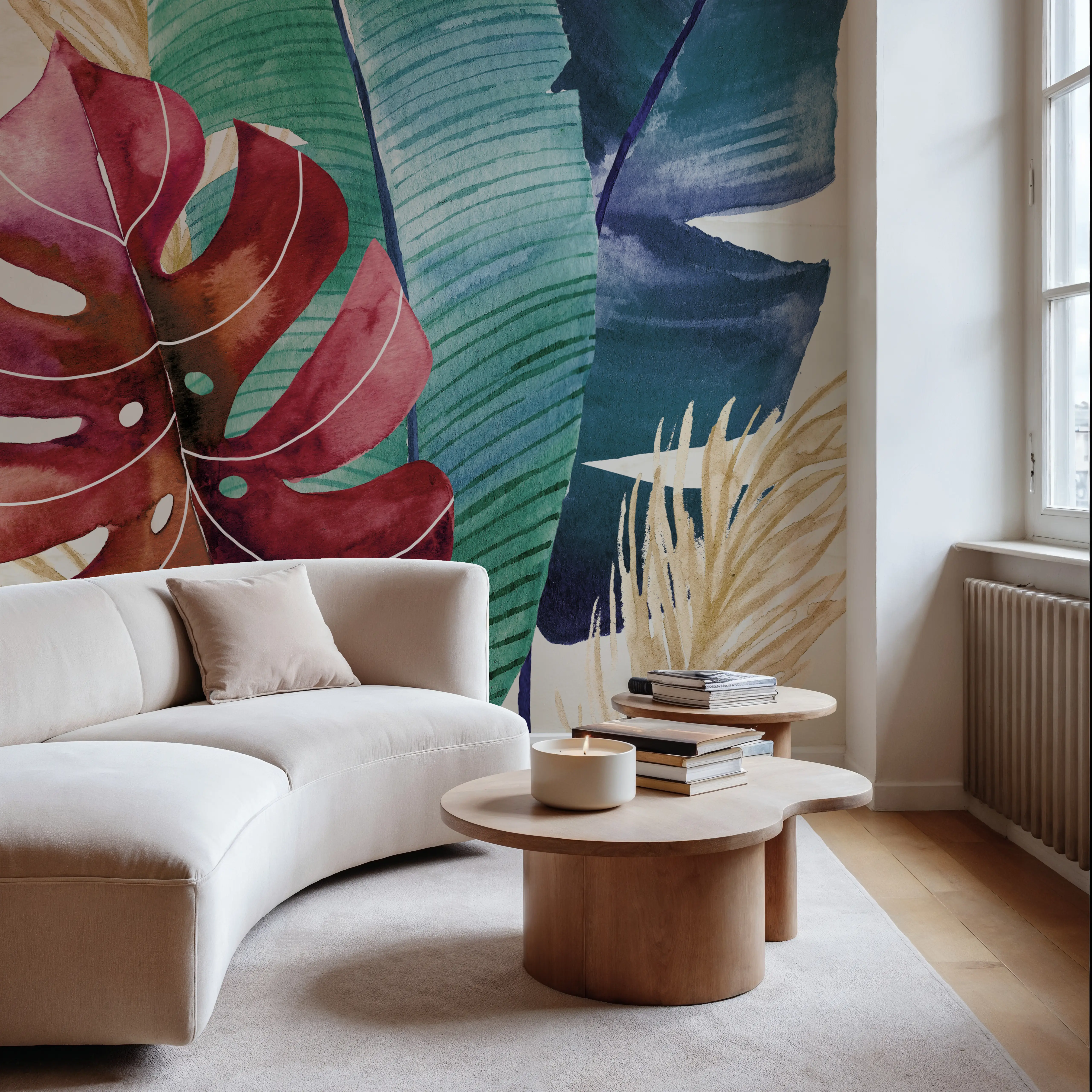 Fotobehang - Tropical Snooze - Hedendaagse Kunst Bladeren Mural - Groen - Gangtrappen - Wallism België - Zelfklevend of Vliesbehang