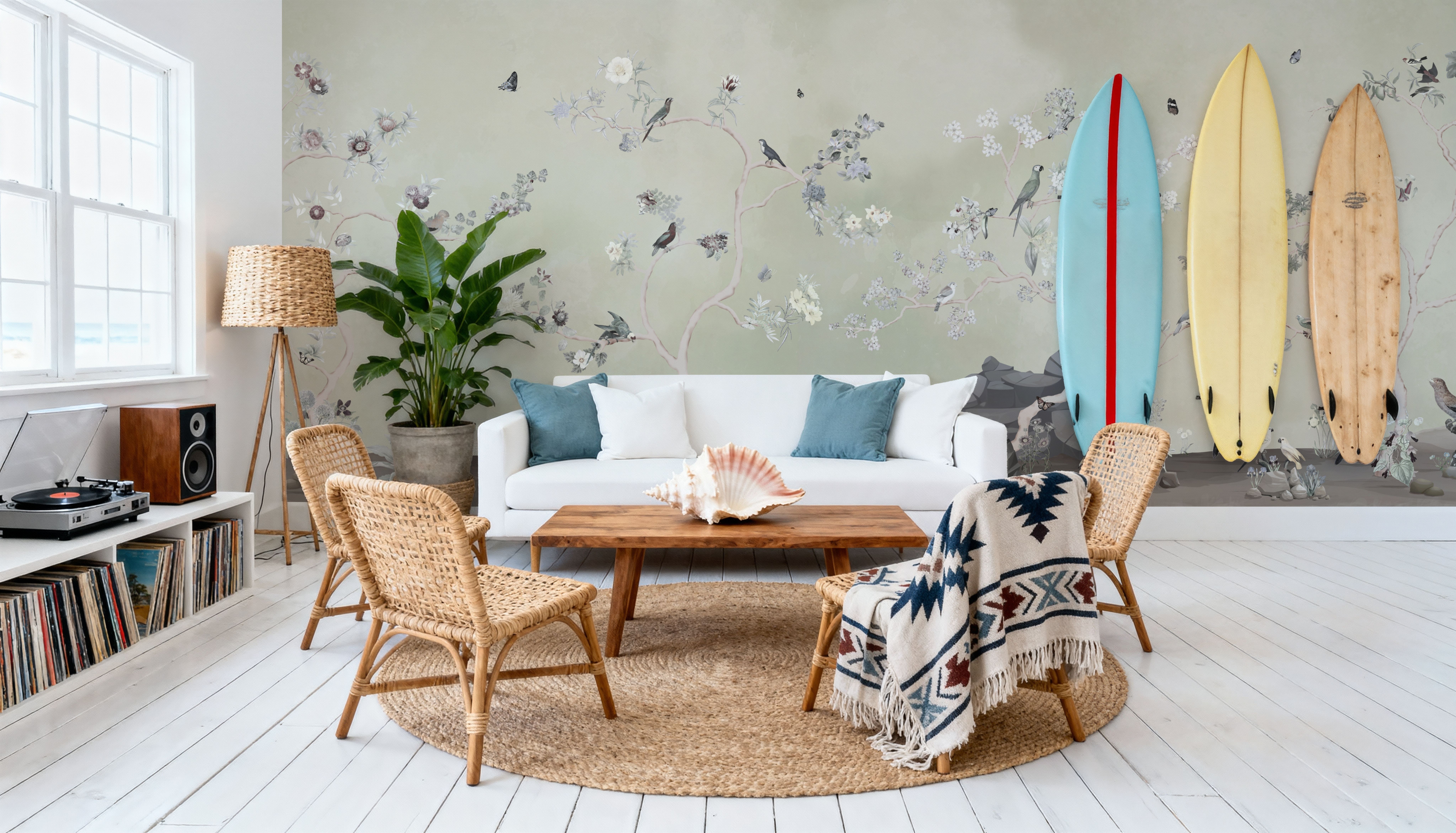 Birds in the Garden Light Green, Wallpaper