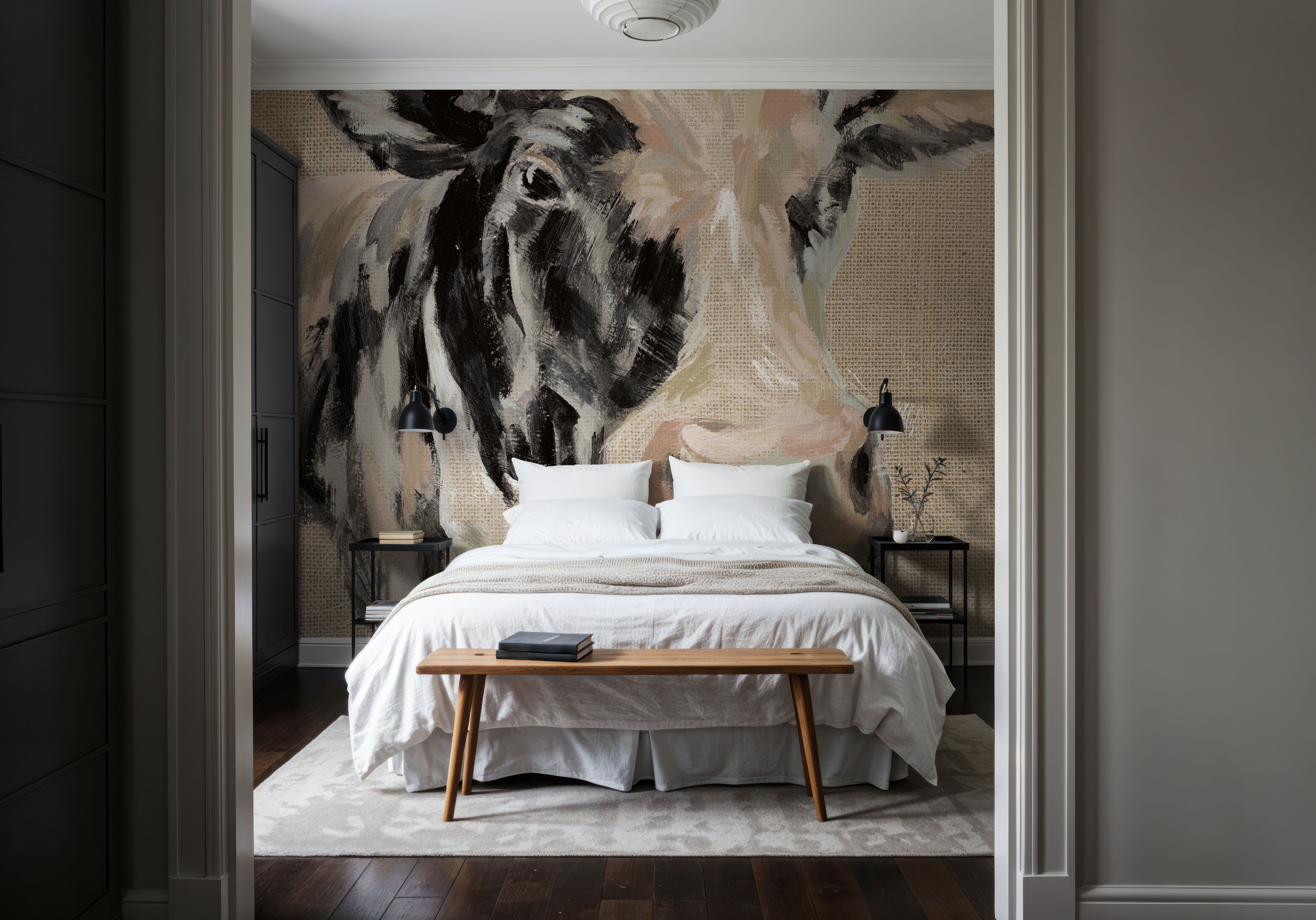 Expressionistic Cow I Neutral Burlap, Papier peint