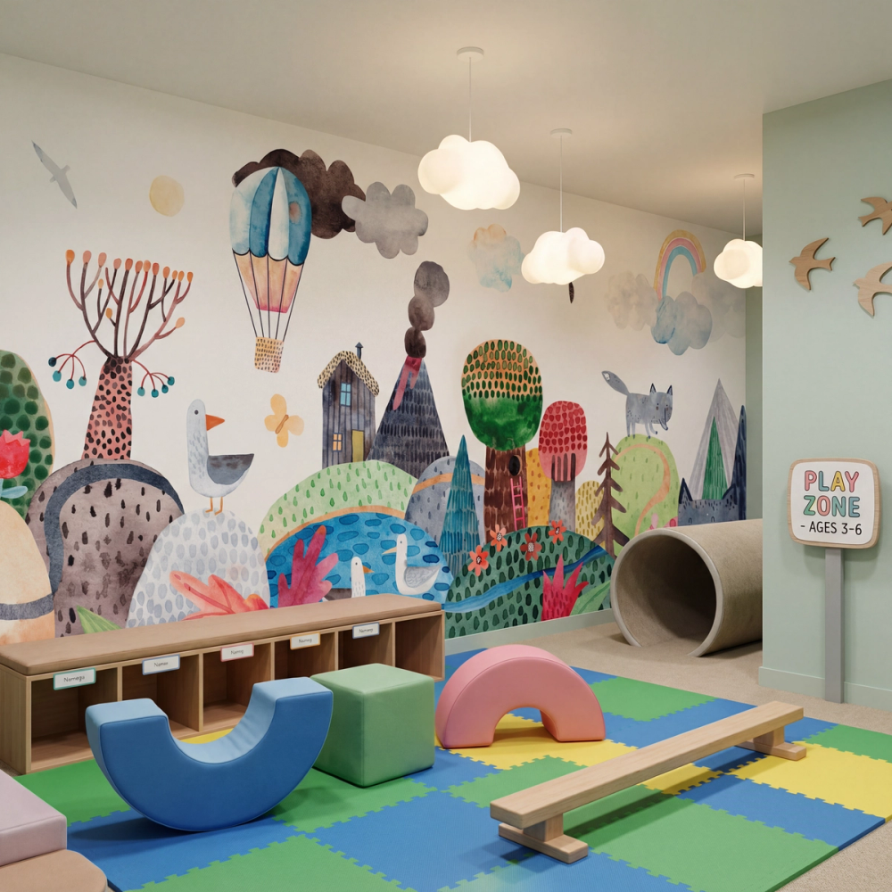 A photo of a kids activity center with playful wall mural on the wall