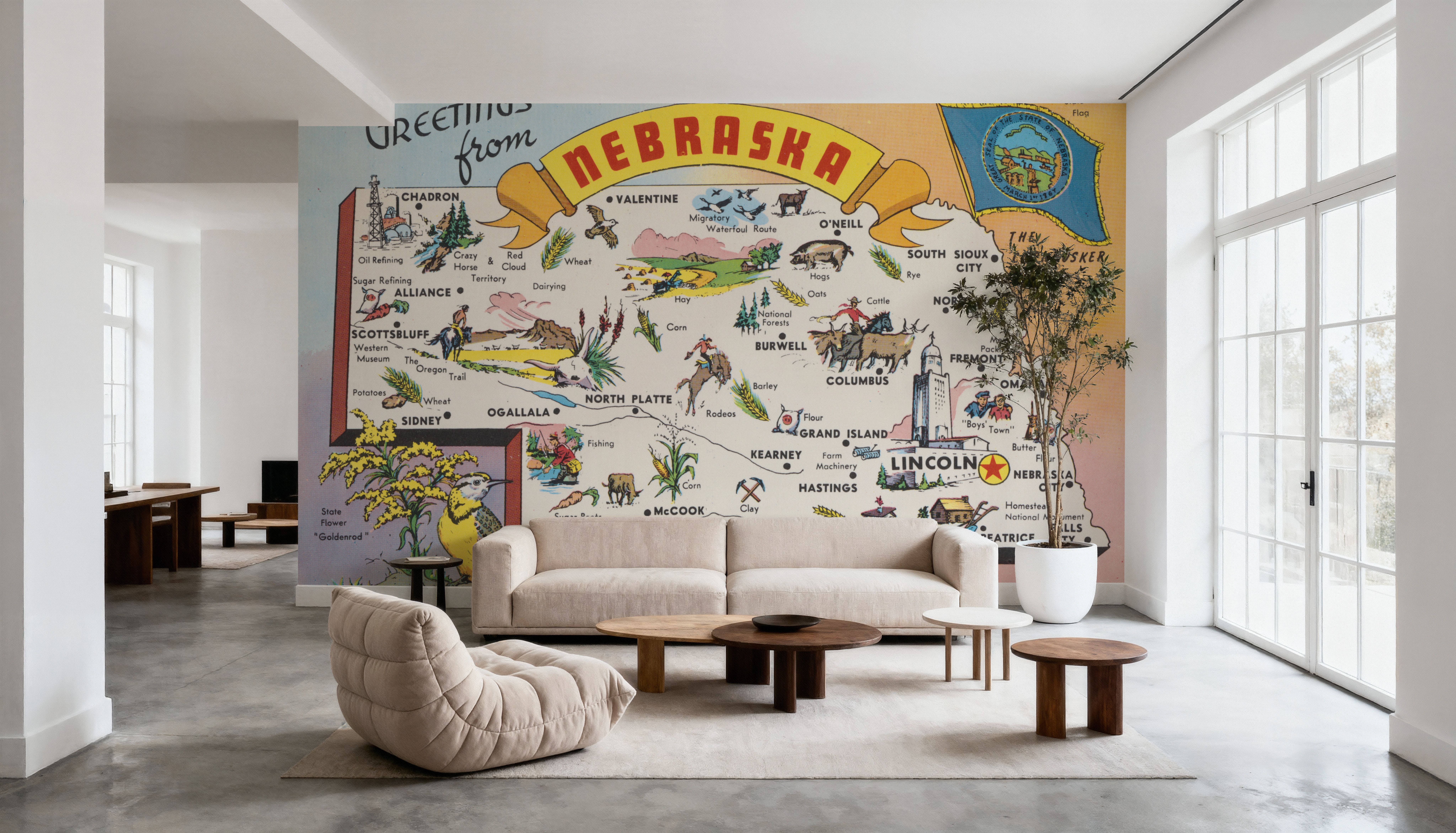 Greetings from Nebraska Map - Screenprint Postcard