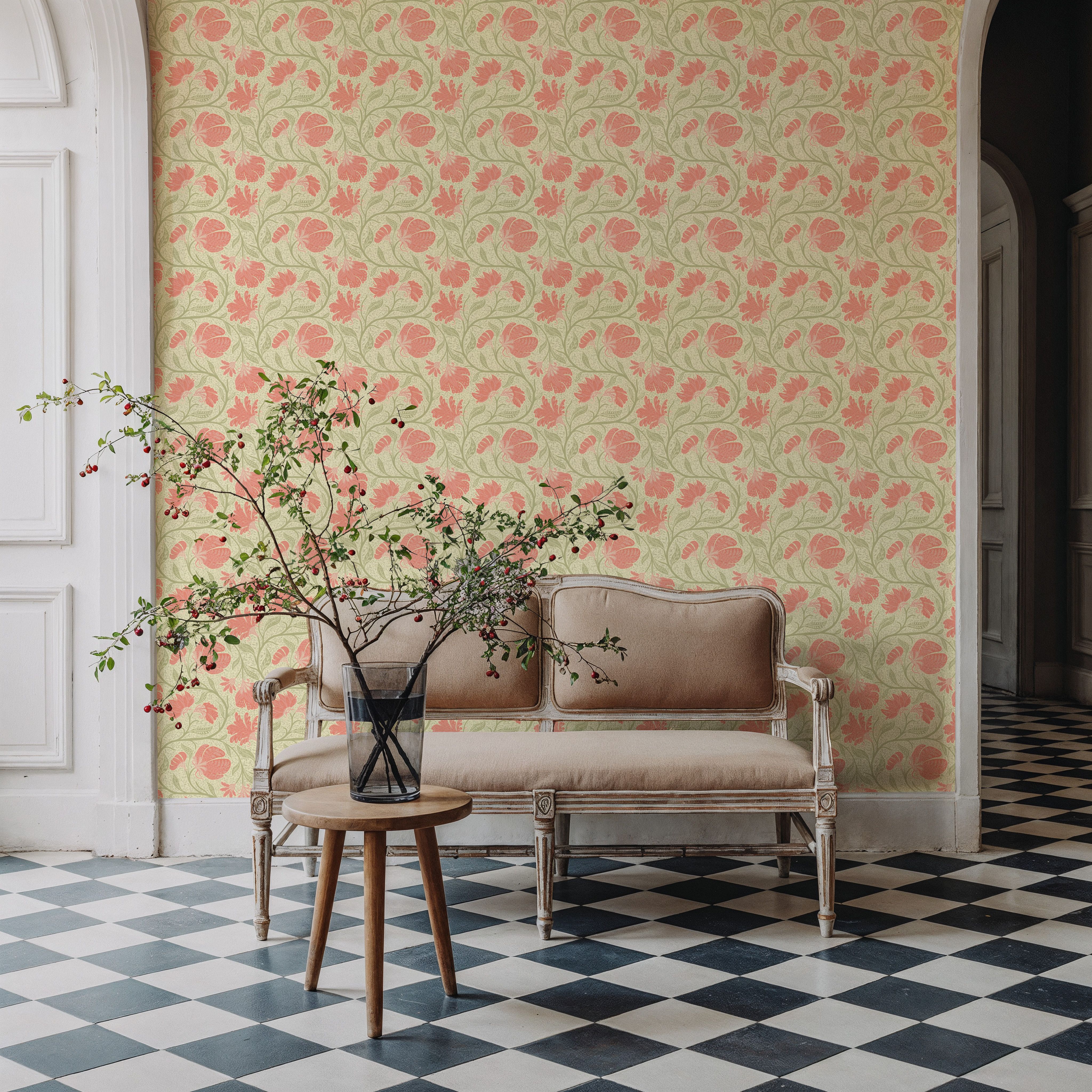 Indial Floral, Peach on Light Green