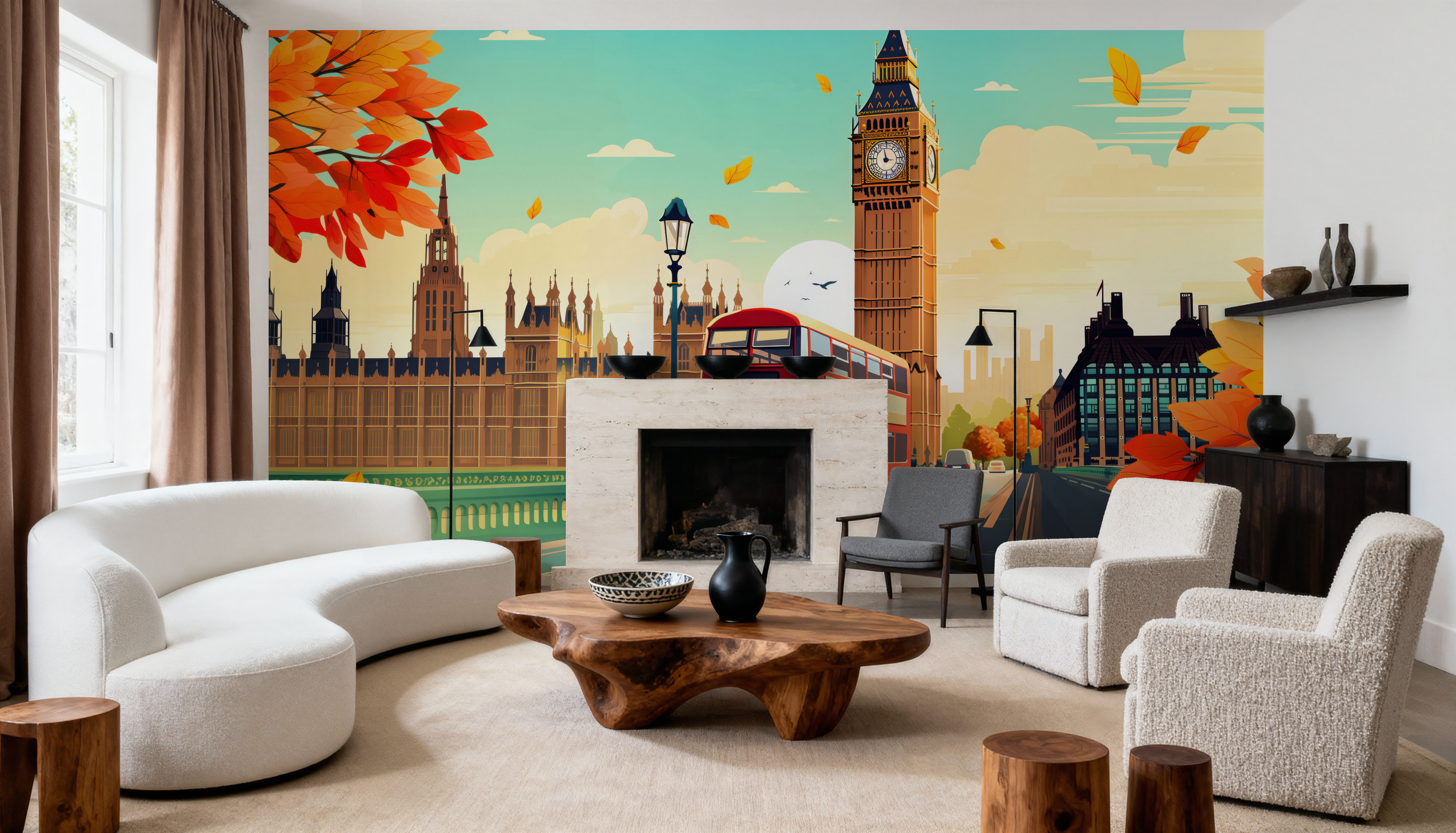 Wall Mural - Travel London - Graphics Travel & Landmarks mural wallpaper - Orange - Bedroom - Wallism UK - Premium, Textured or Peel & Stick
