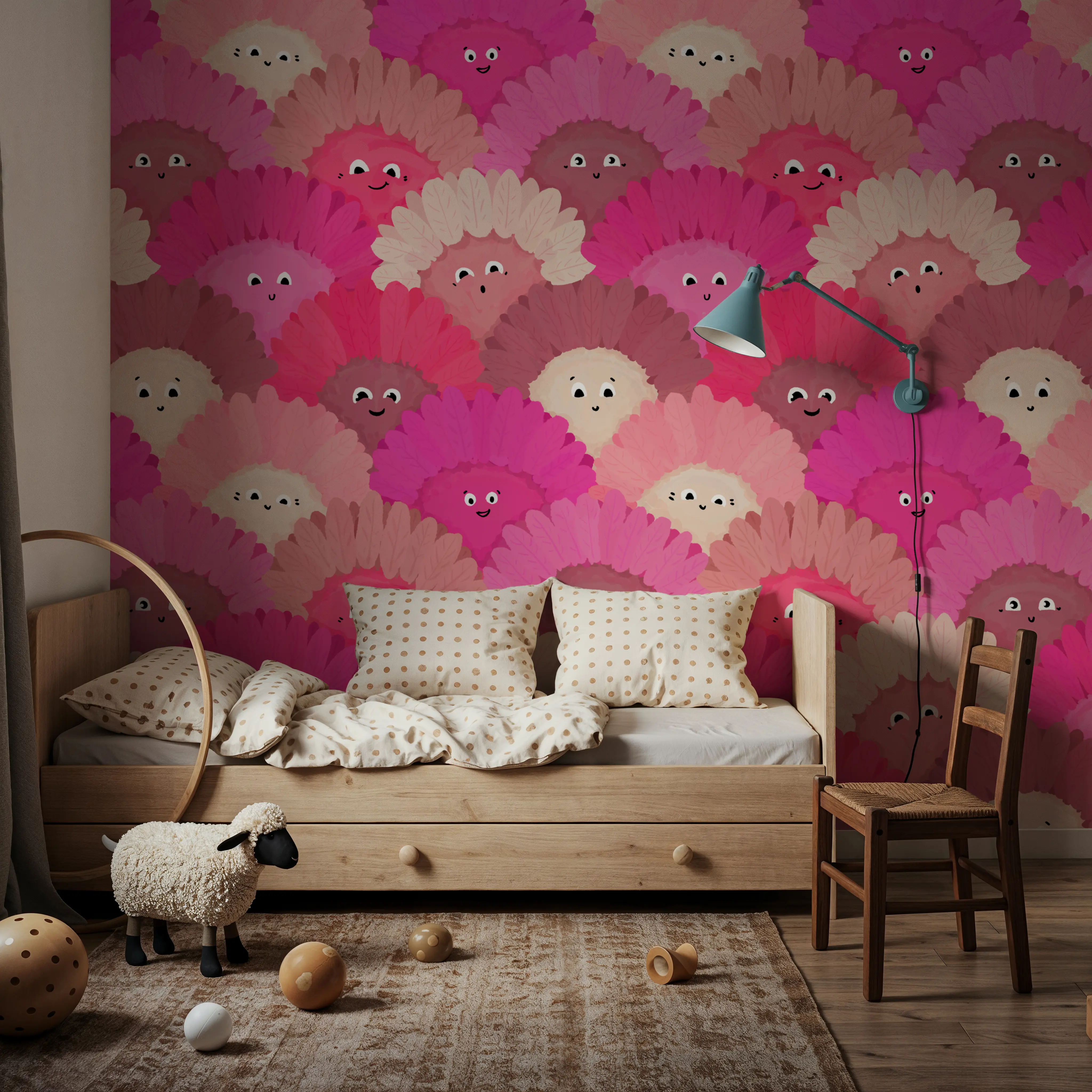 Wallpaper - Cute Pink Flower Faces - Floral Nature - Pink - Kids' Room - Wallism UK - Peel & Stick or Paste-the-Wall
