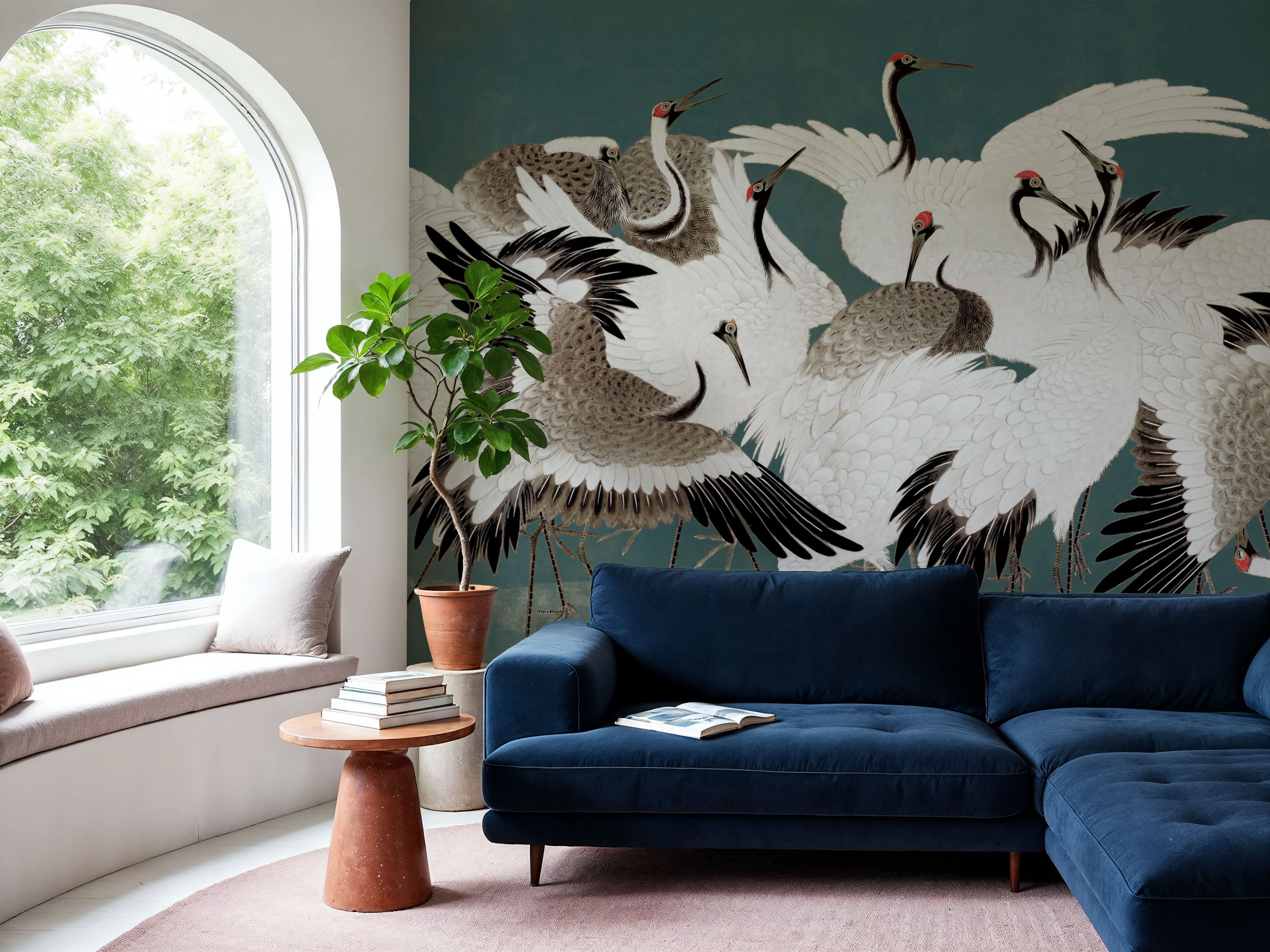 Japanese Flock of Cranes, Teal, Carte da parati