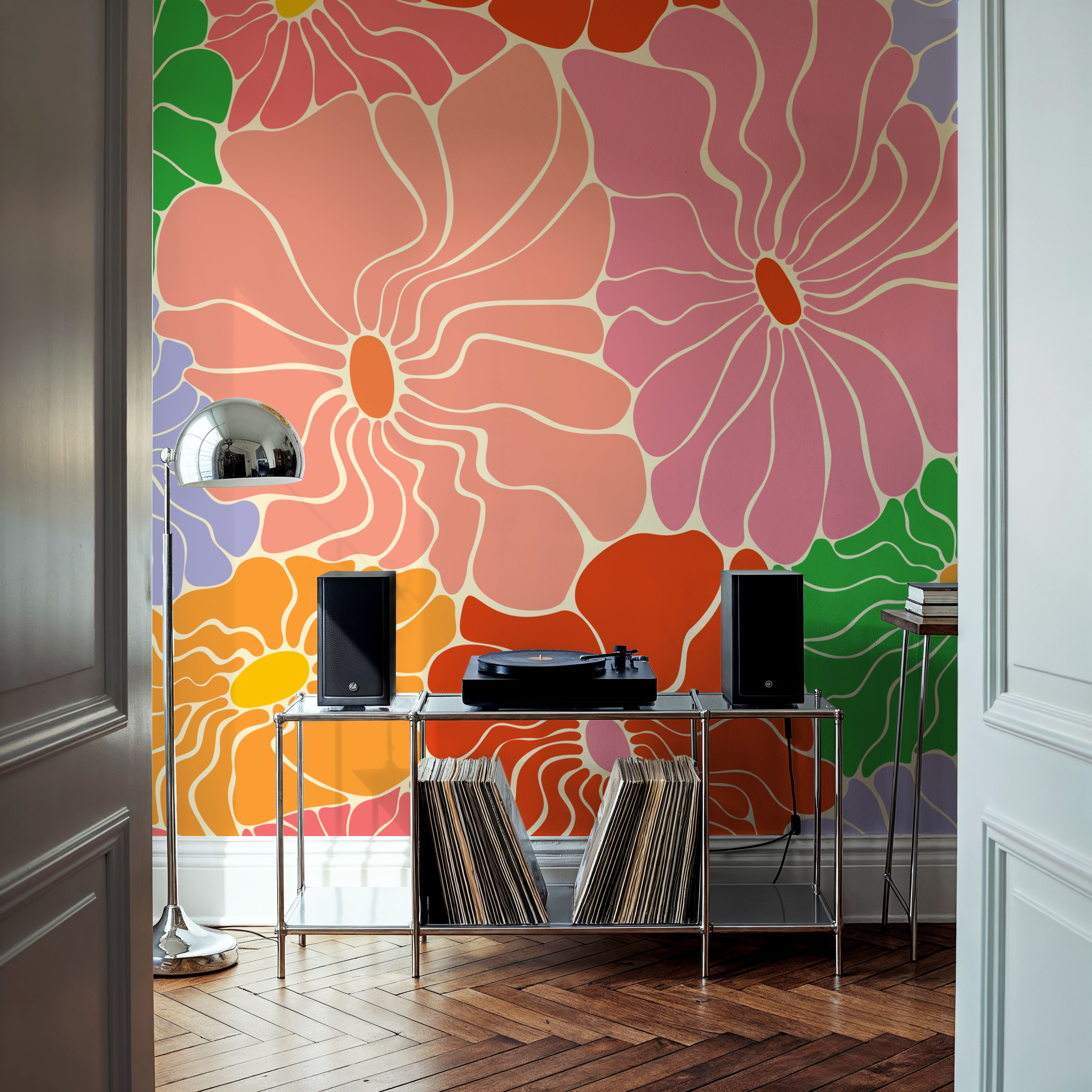 Cool Fluid Flowers Mural, Bright Multi