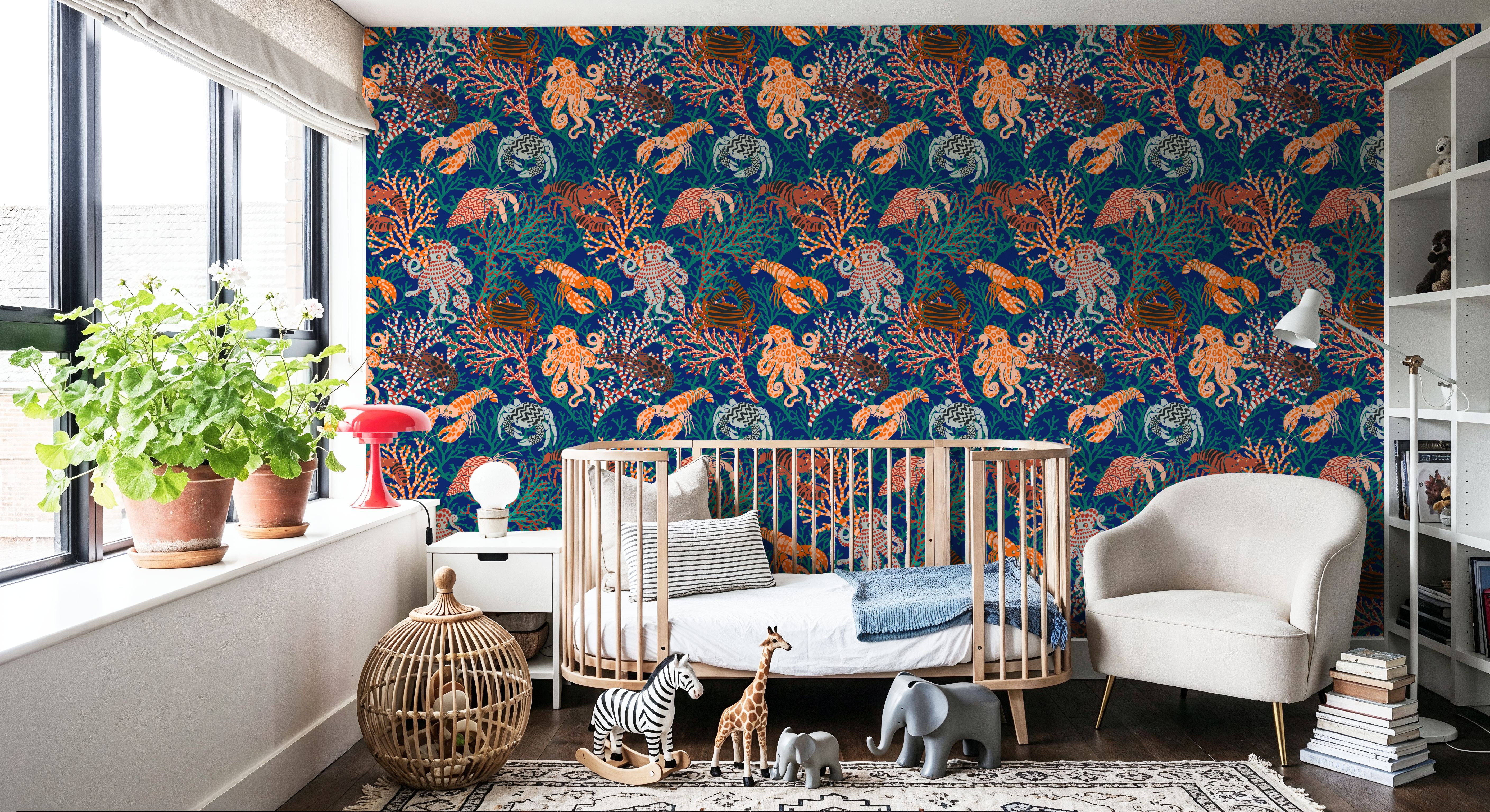 Vibrant Coral Reef, Blue and Orange, Wallpaper