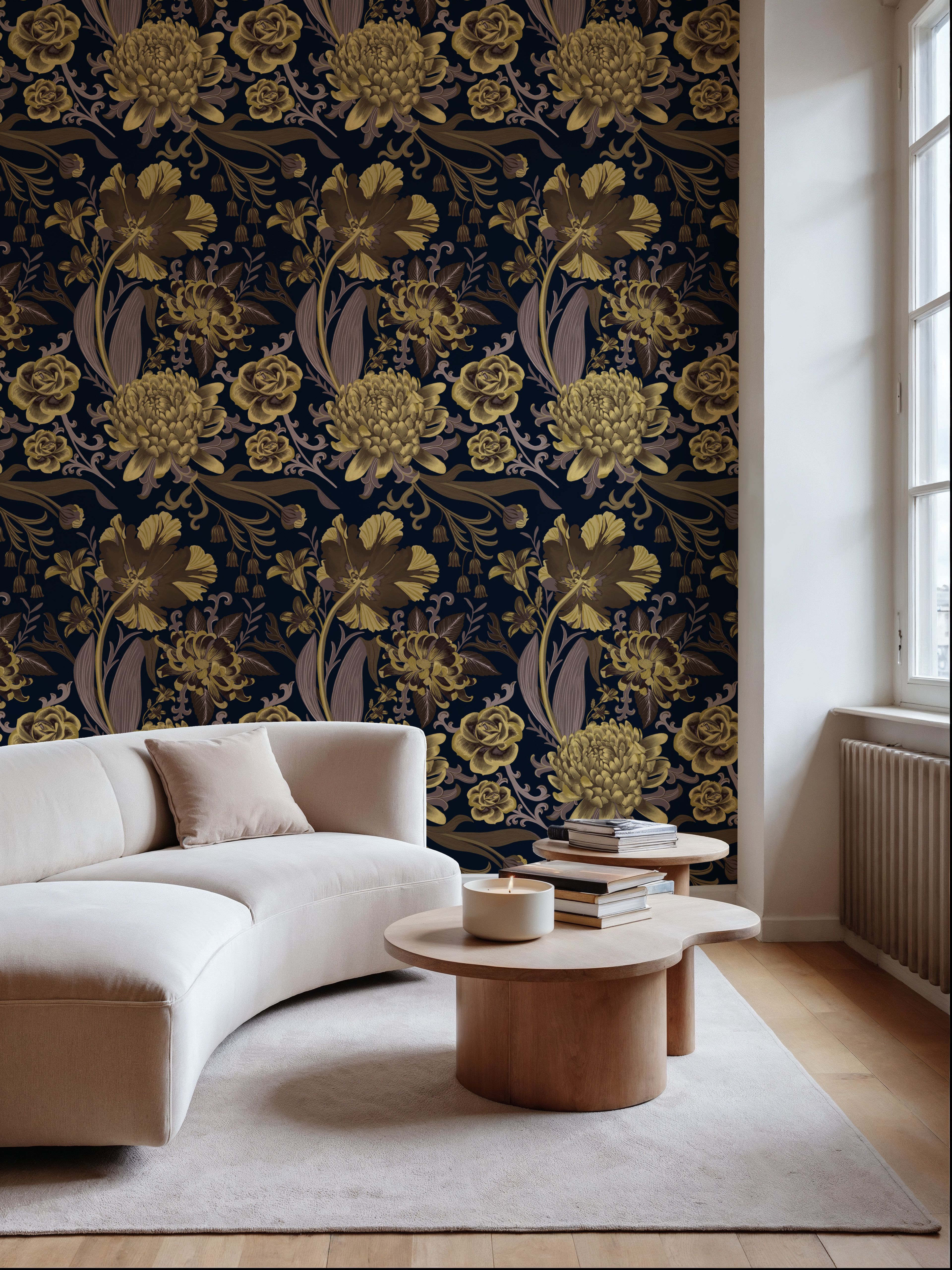Rococo Chysantemums, Yellow on Midnight, Wallpaper