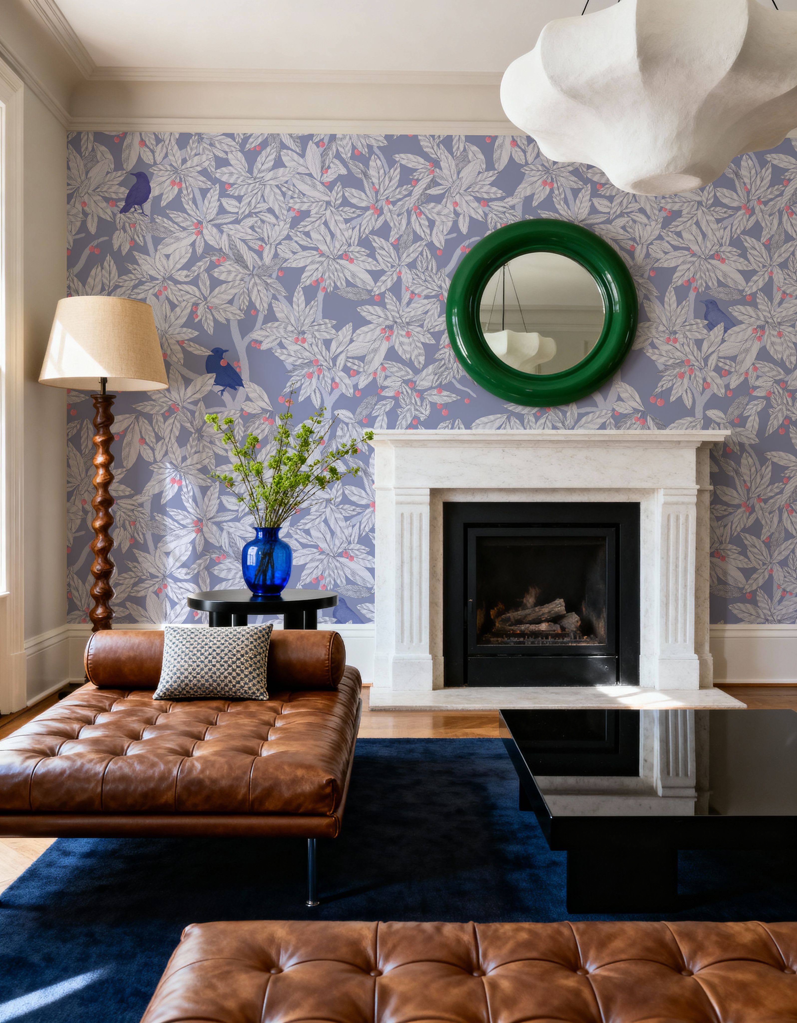 Cherry Tree Birds, Periwinkle, Wallpaper