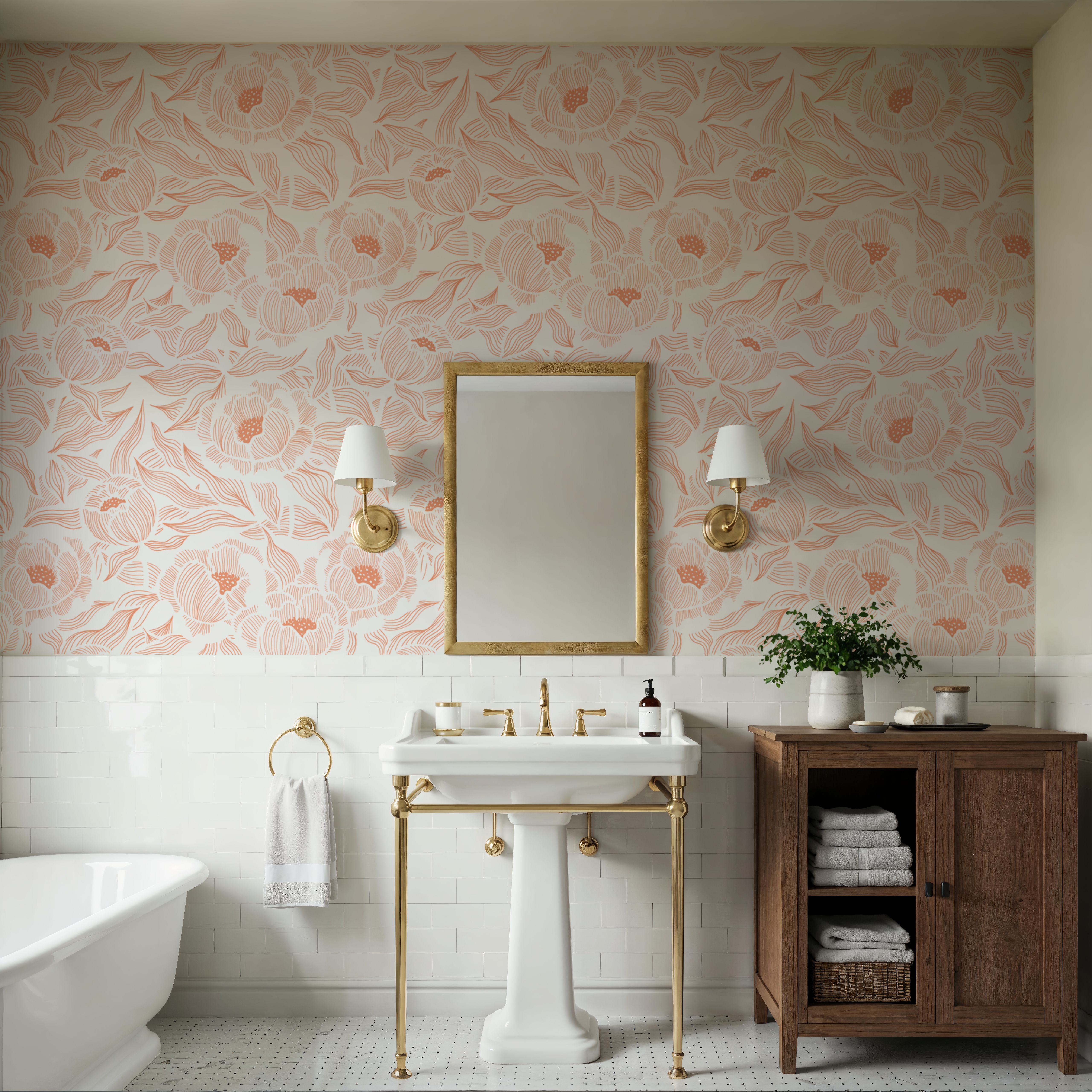 Hidden Peonies, Orange on White