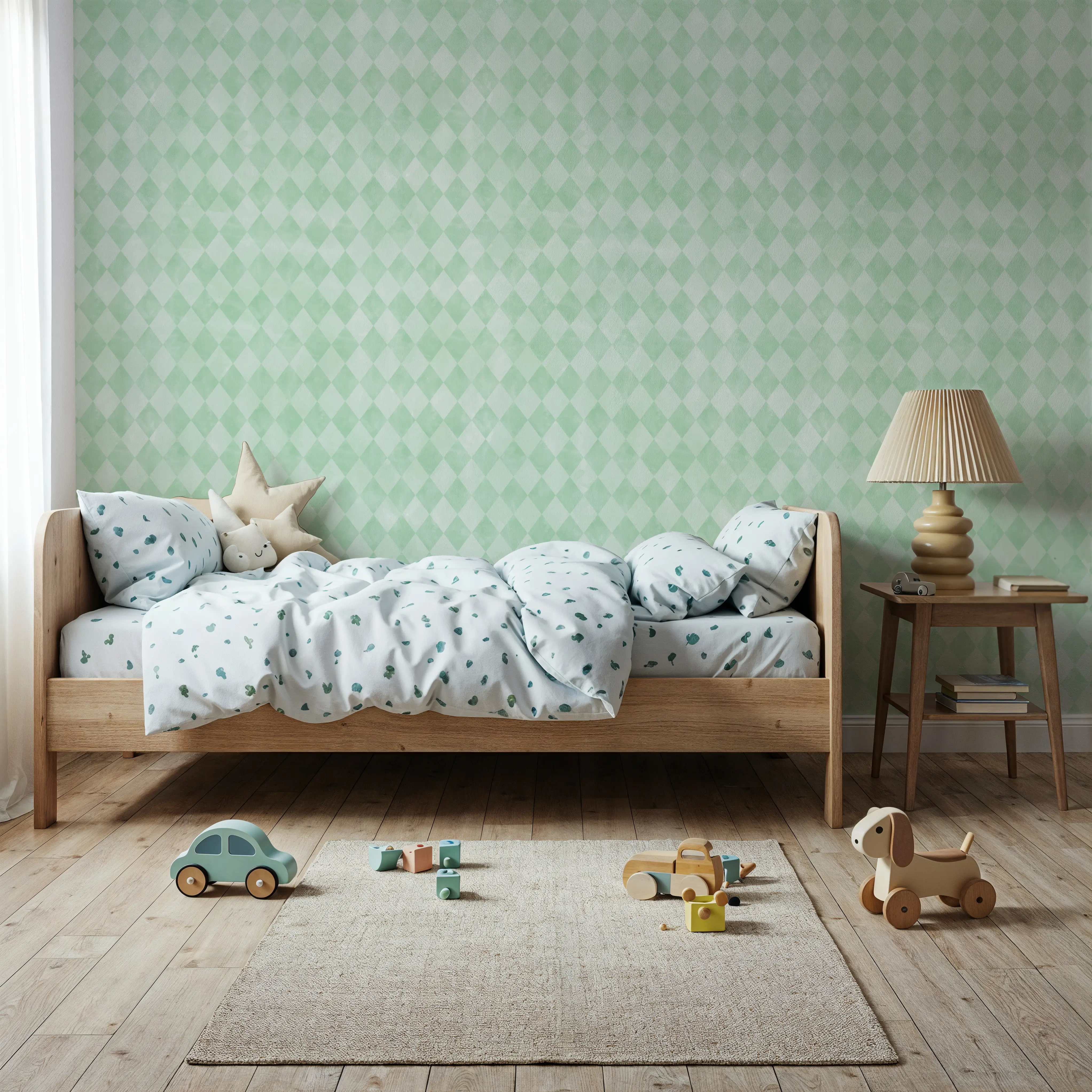 Papier Peint - Arlecchino Diamonds, Soft Green - Diamants - Vert - chambre d'enfant - Wallism Belgique - Encollage au mur ou Autocollant