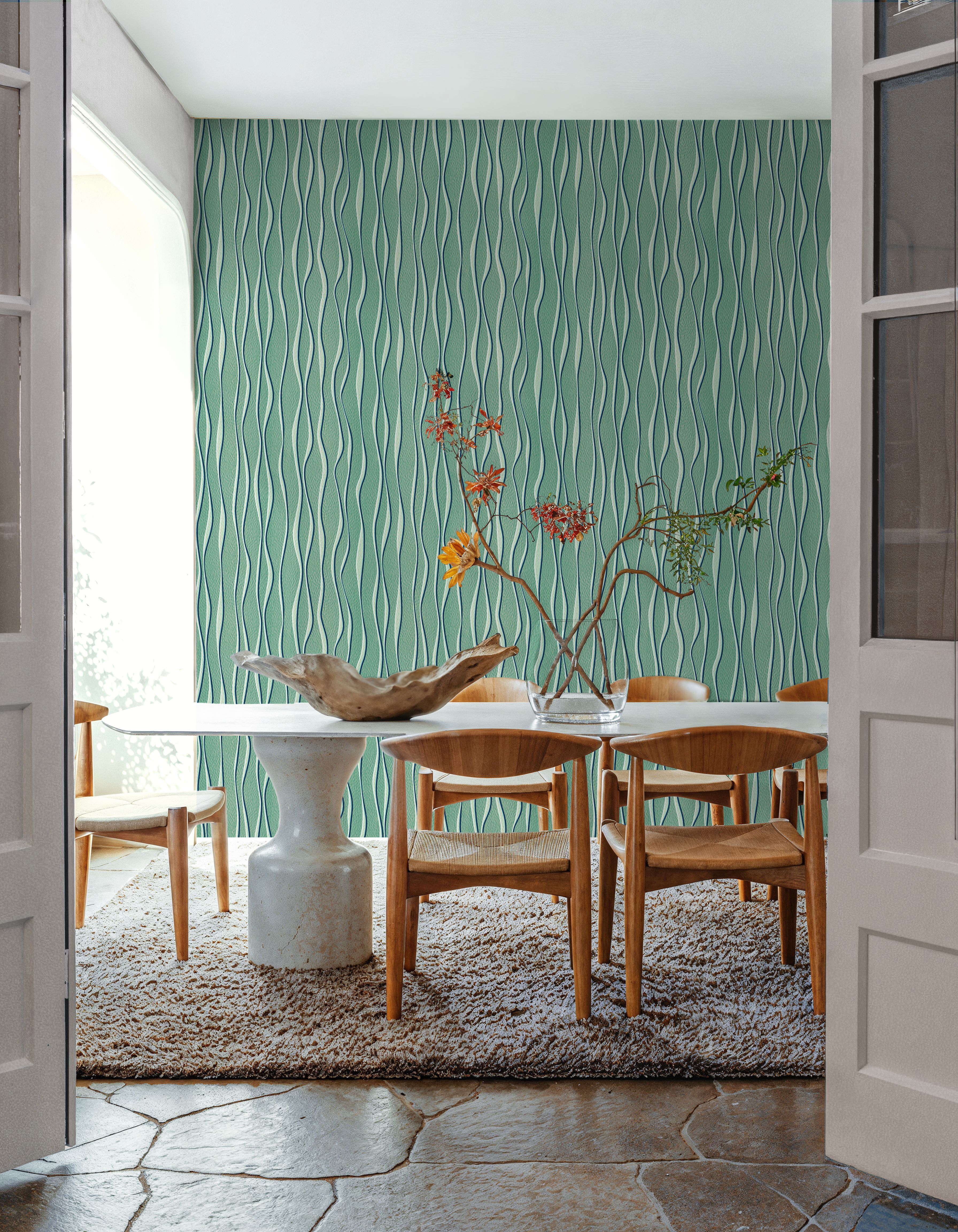 Swaying Lines, Ocean Green, Wallpaper