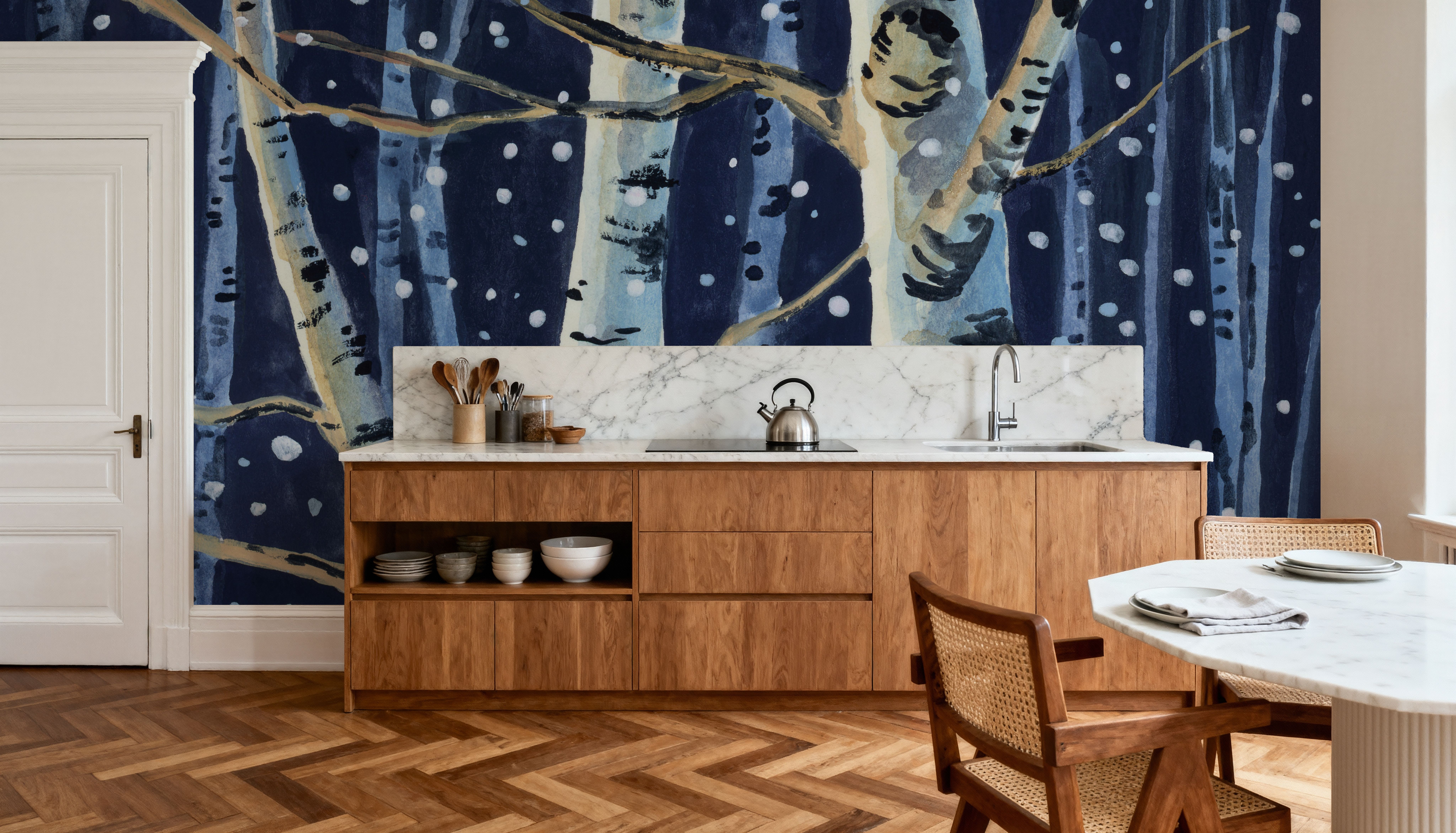 Snowy Birch Grove at Night, Tapeten