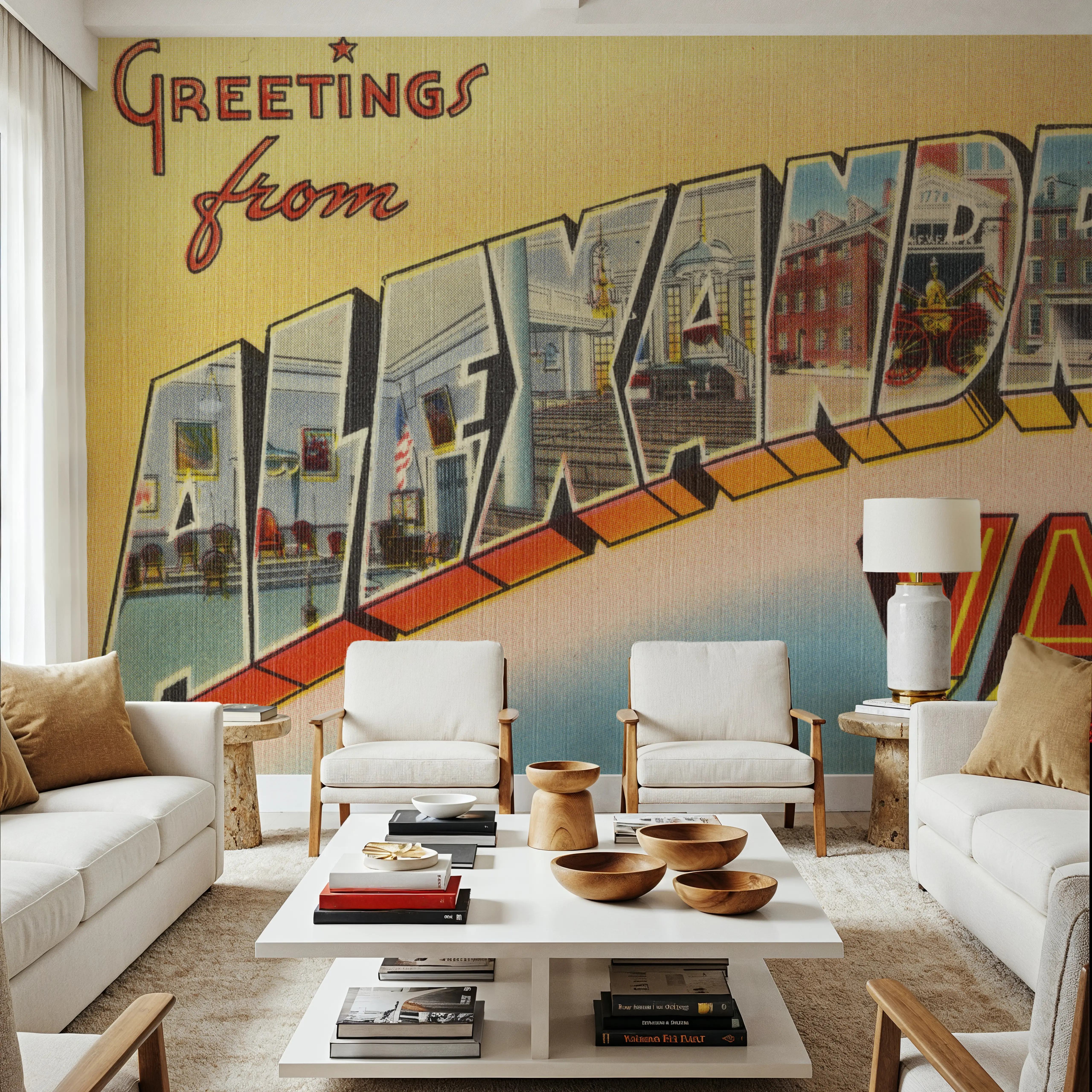 Fotobehang - Greetings from Alexandria - Screenprint Postcard - Monumenten Mural - Geel - Gangtrappen - Wallism België - Zelfklevend of Vliesbehang