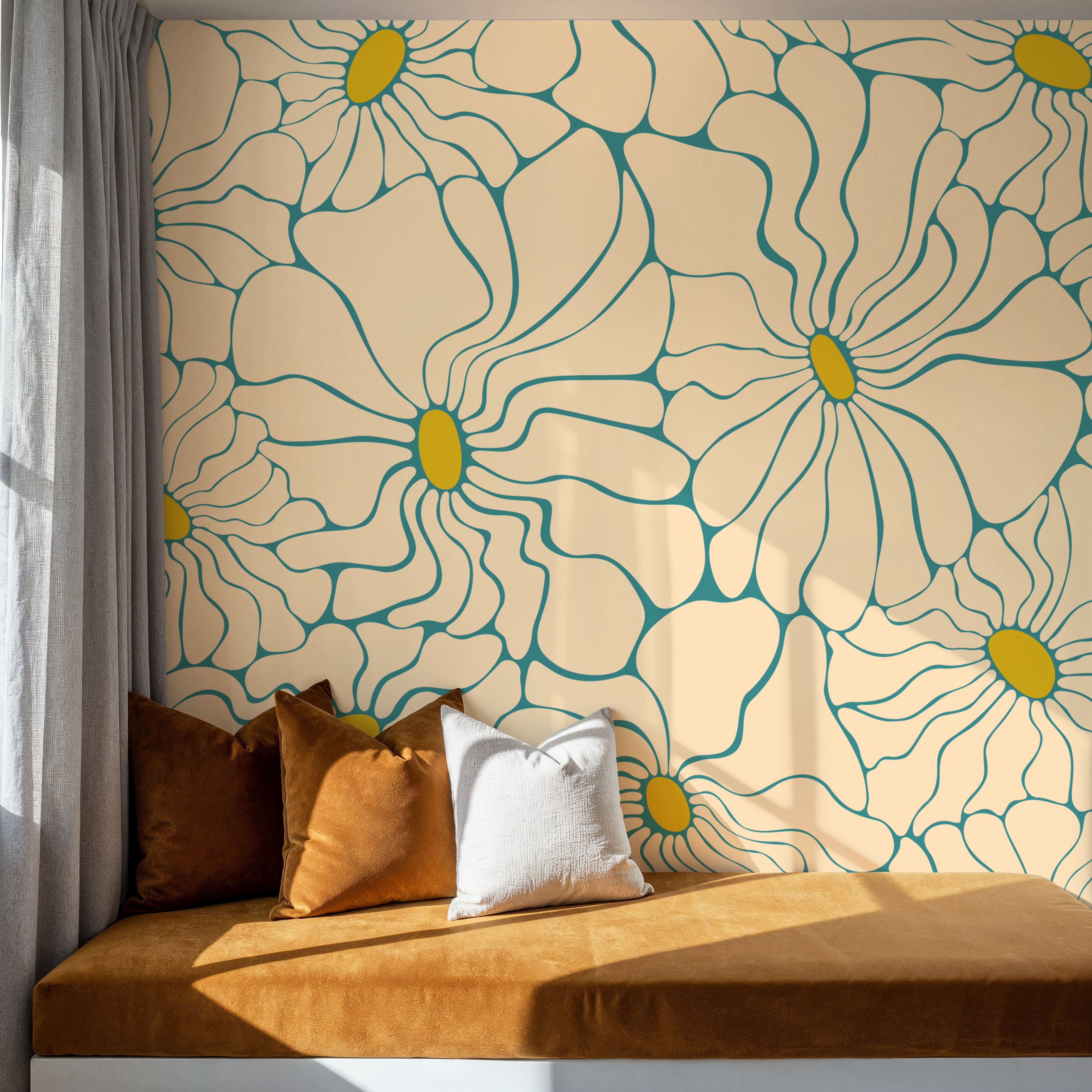 Cool Fluid Flowers Mural, Cream