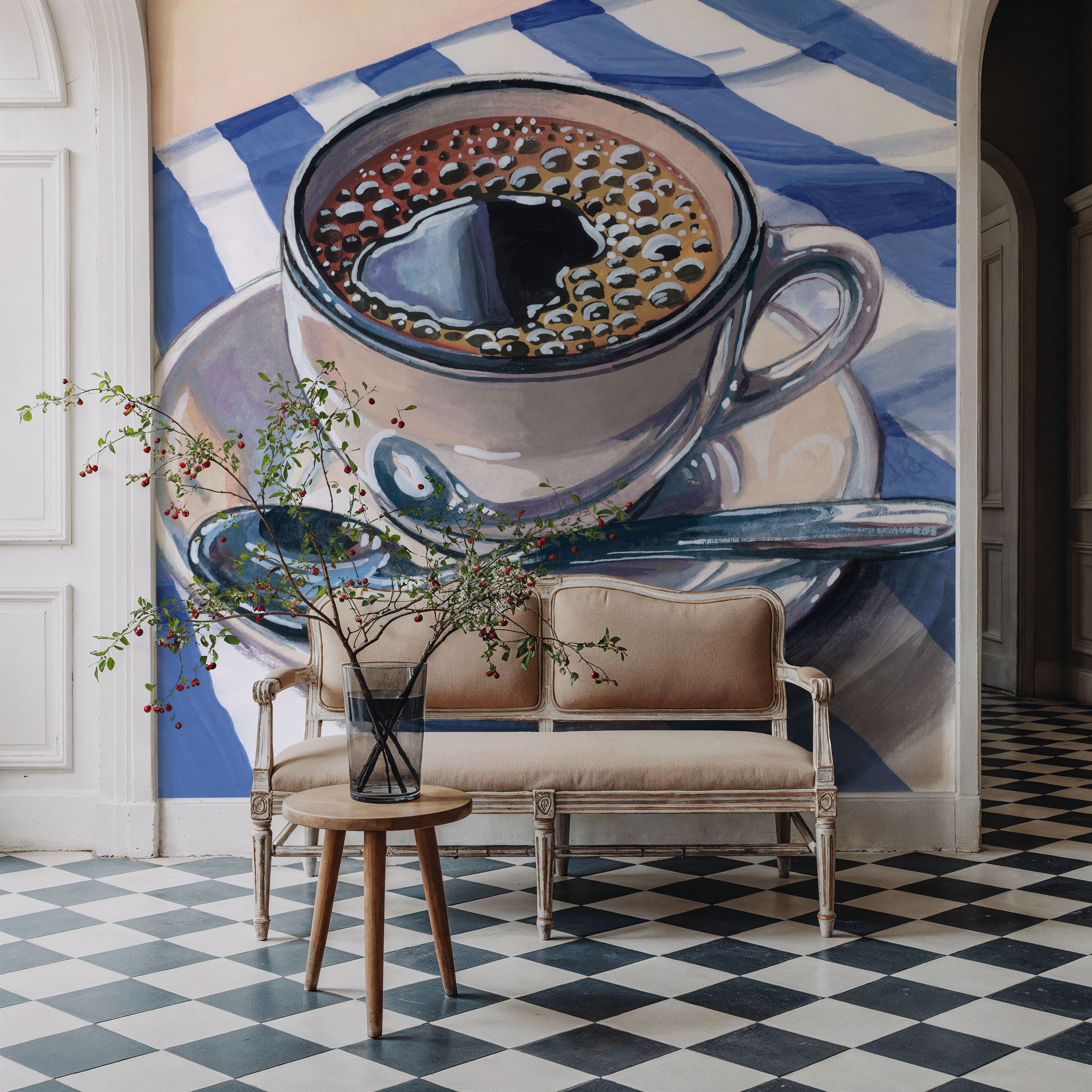 Black Coffee On Striped Cloth