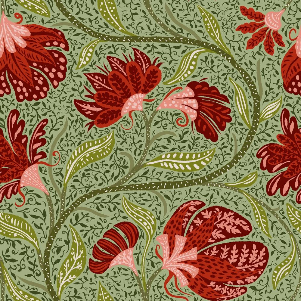 Indial Floral, Vermilion on Pistachio