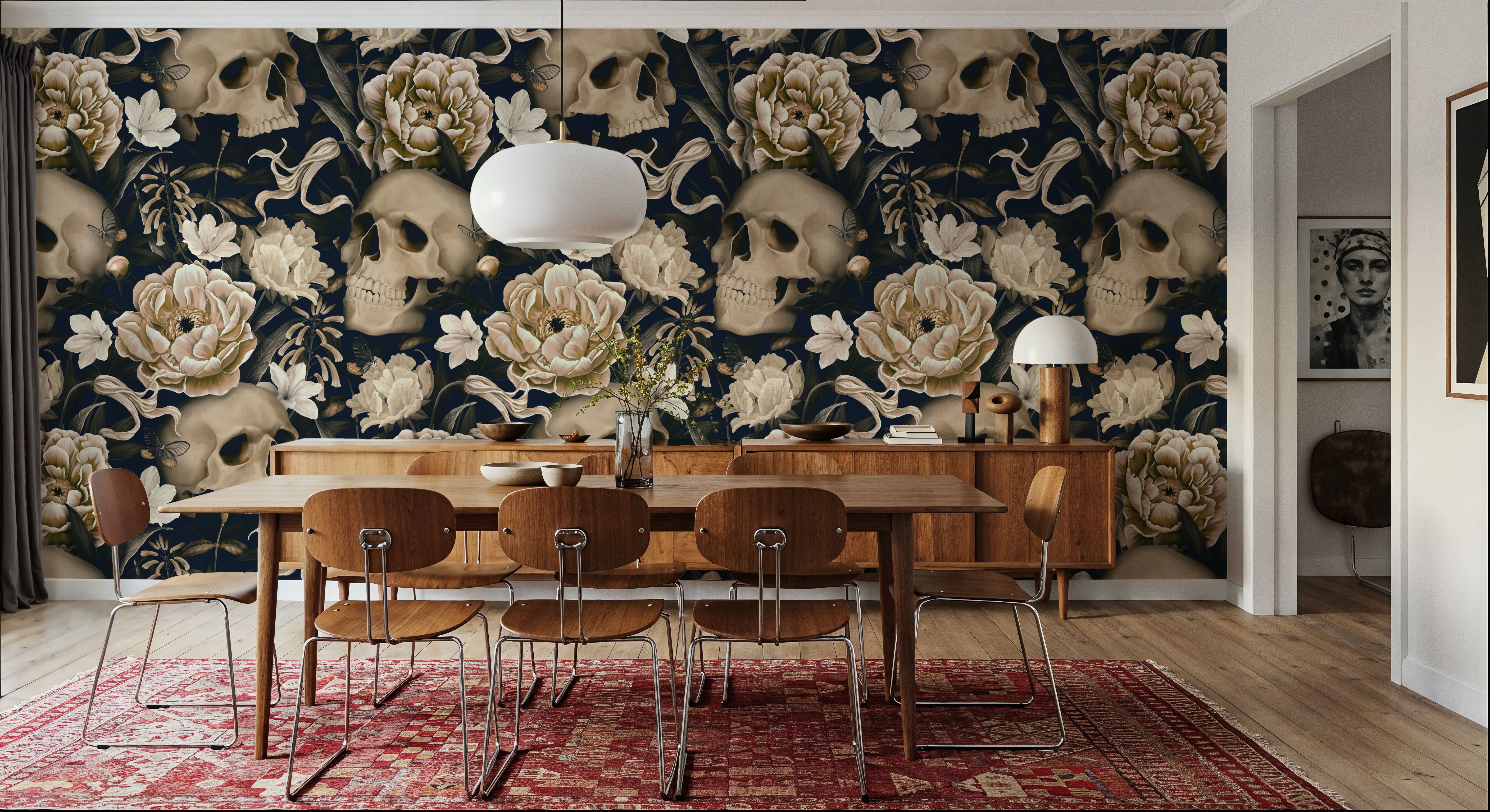 Peonies and Skulls Dark Blue