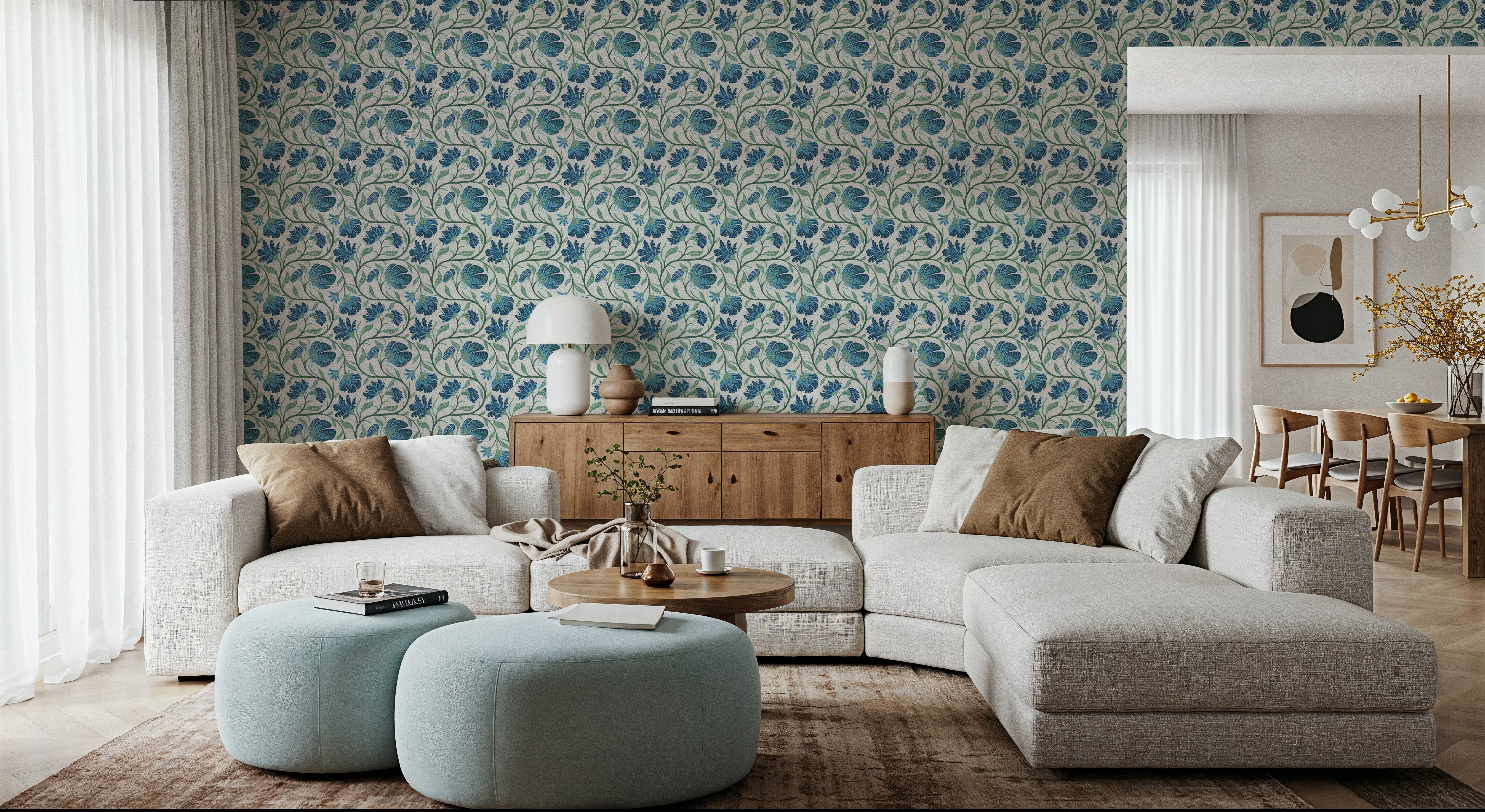 Indial Floral, Teal on Cream
