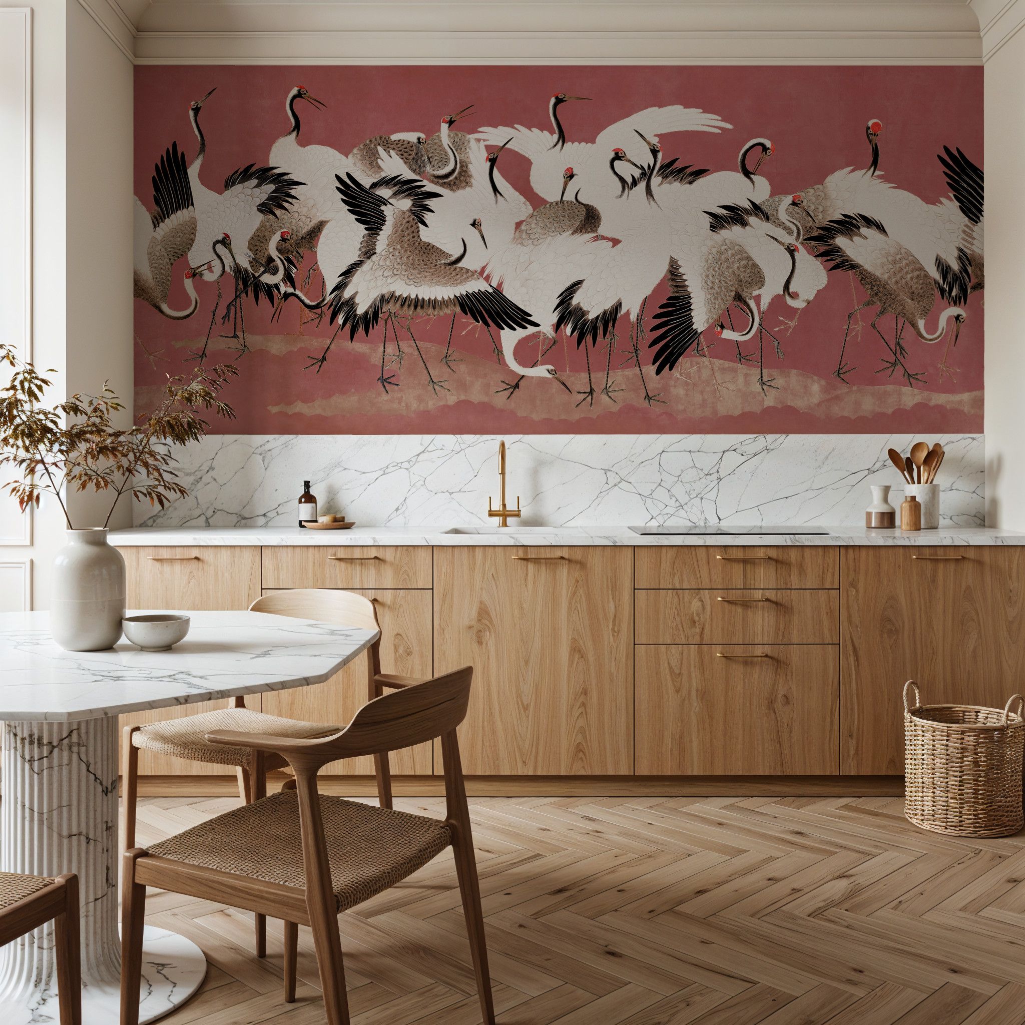 Japanese Flock of Cranes, Coral Blush