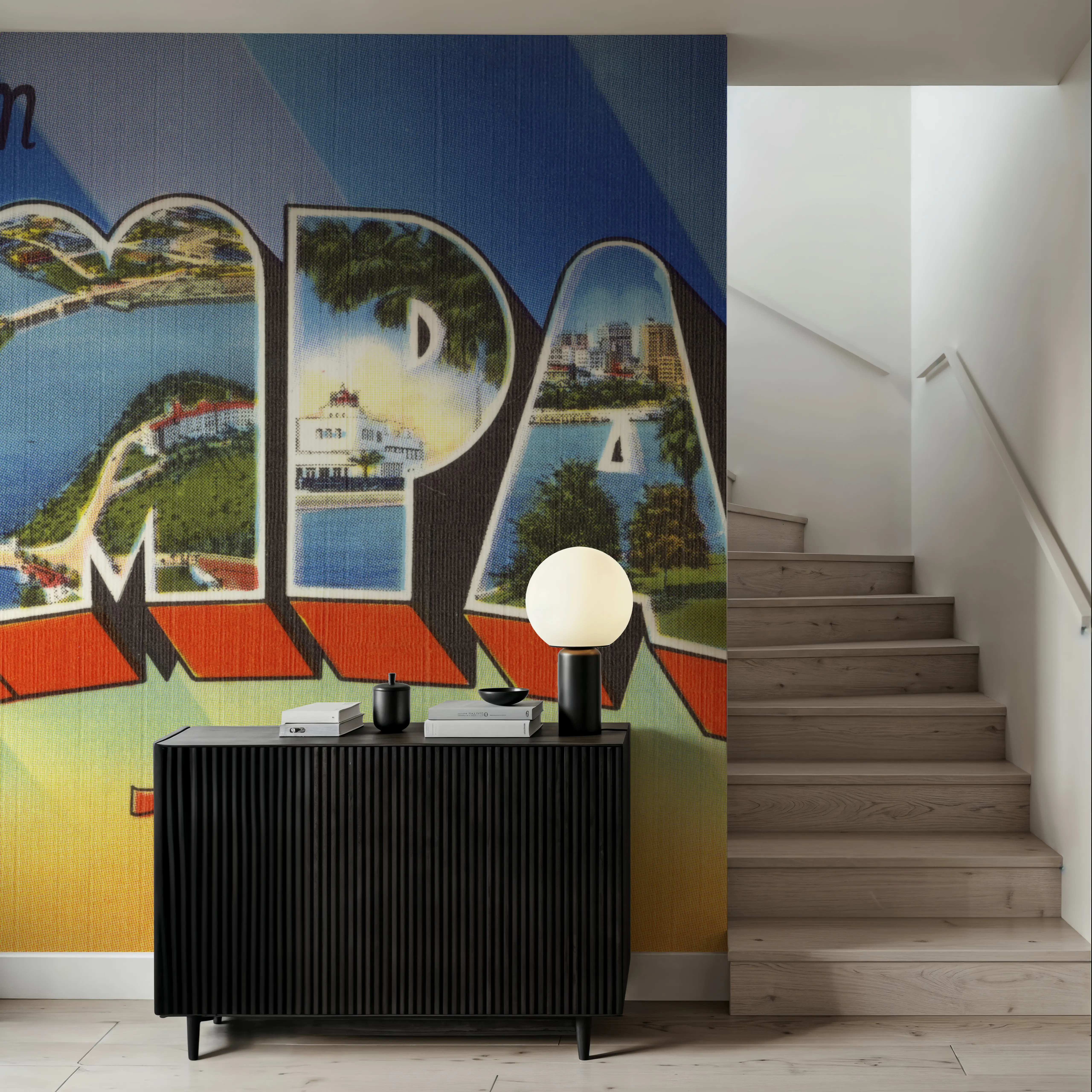 Wall Mural - Greetings from Tampa - Screenprint Postcard - Holiday Travel & Landmarks mural wallpaper - Bedroom - Wallism UK