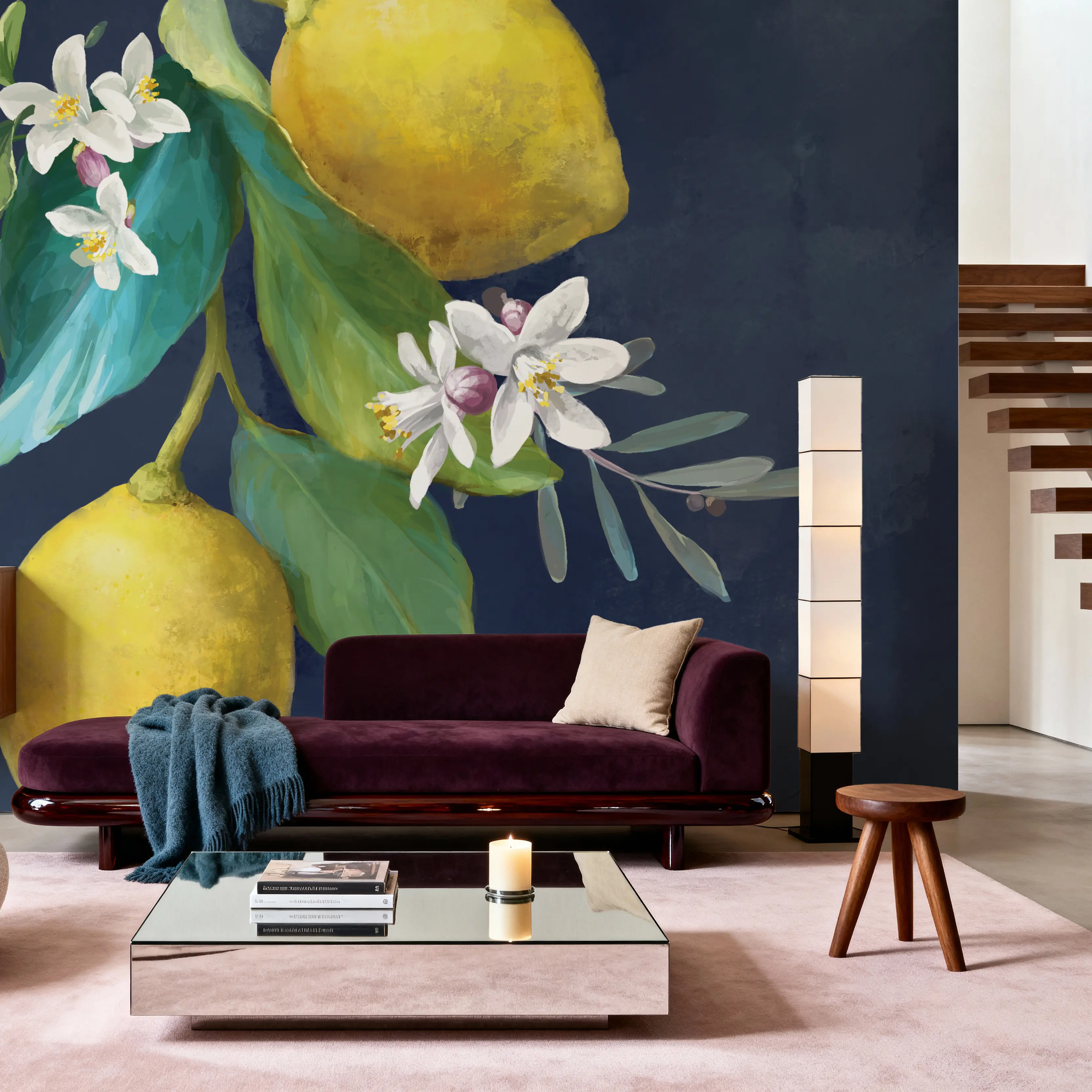 Papier Peint Panoramique - Lemon Branches II - Floral Nature - Jaune - Salle à manger - Wallism Belgique - Encollage au mur ou Autocollant