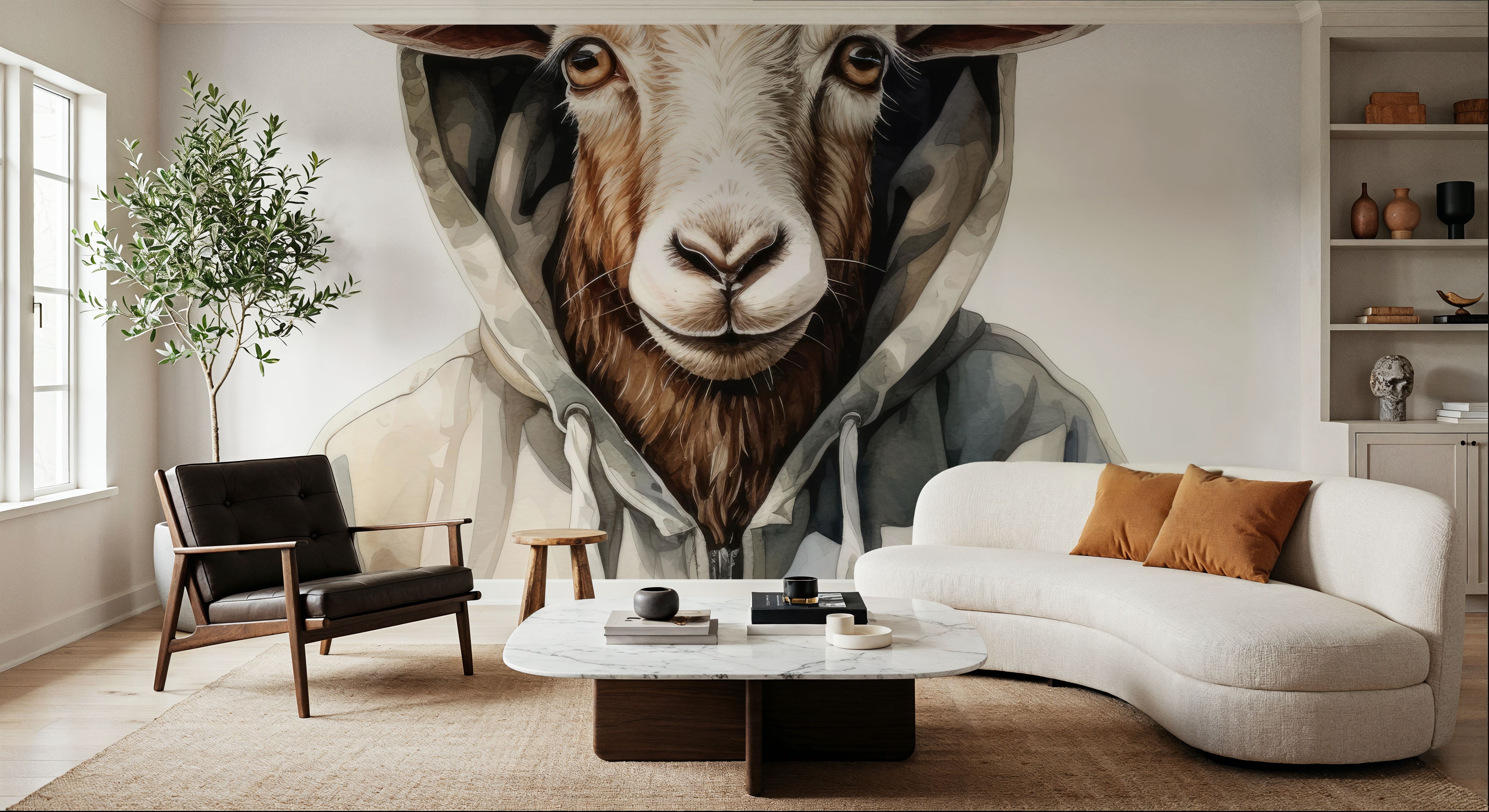 Watercolor Cartoon Goat in a Hoodie