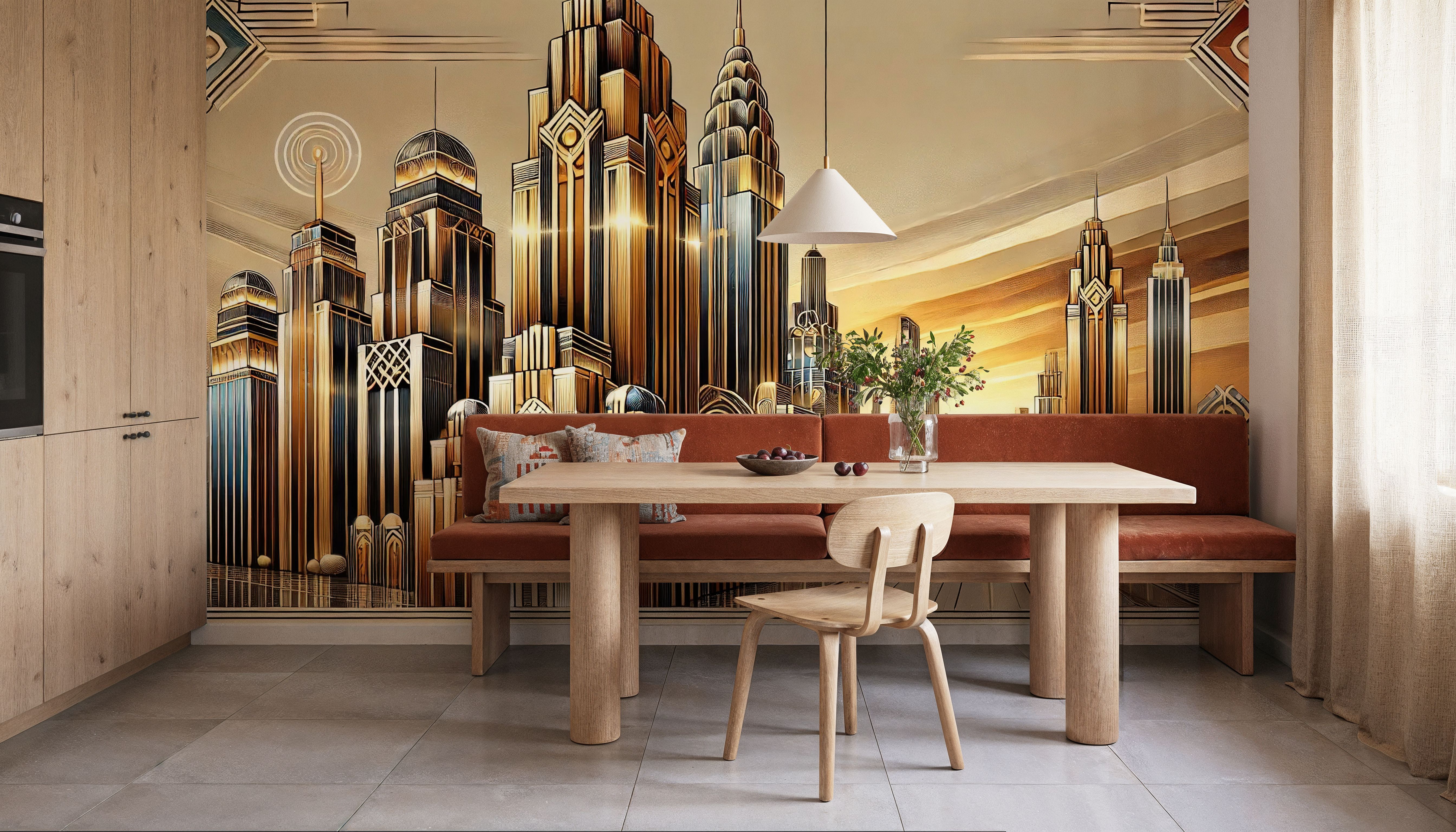Golden City Skyline at Sunset in Art Deco