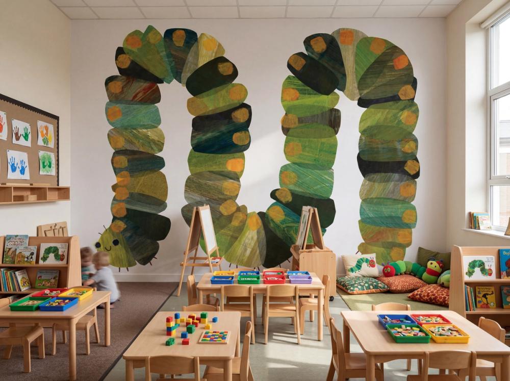 an interior photo of a classroom for children with a caterpillar themed wallpaper mural on the wall