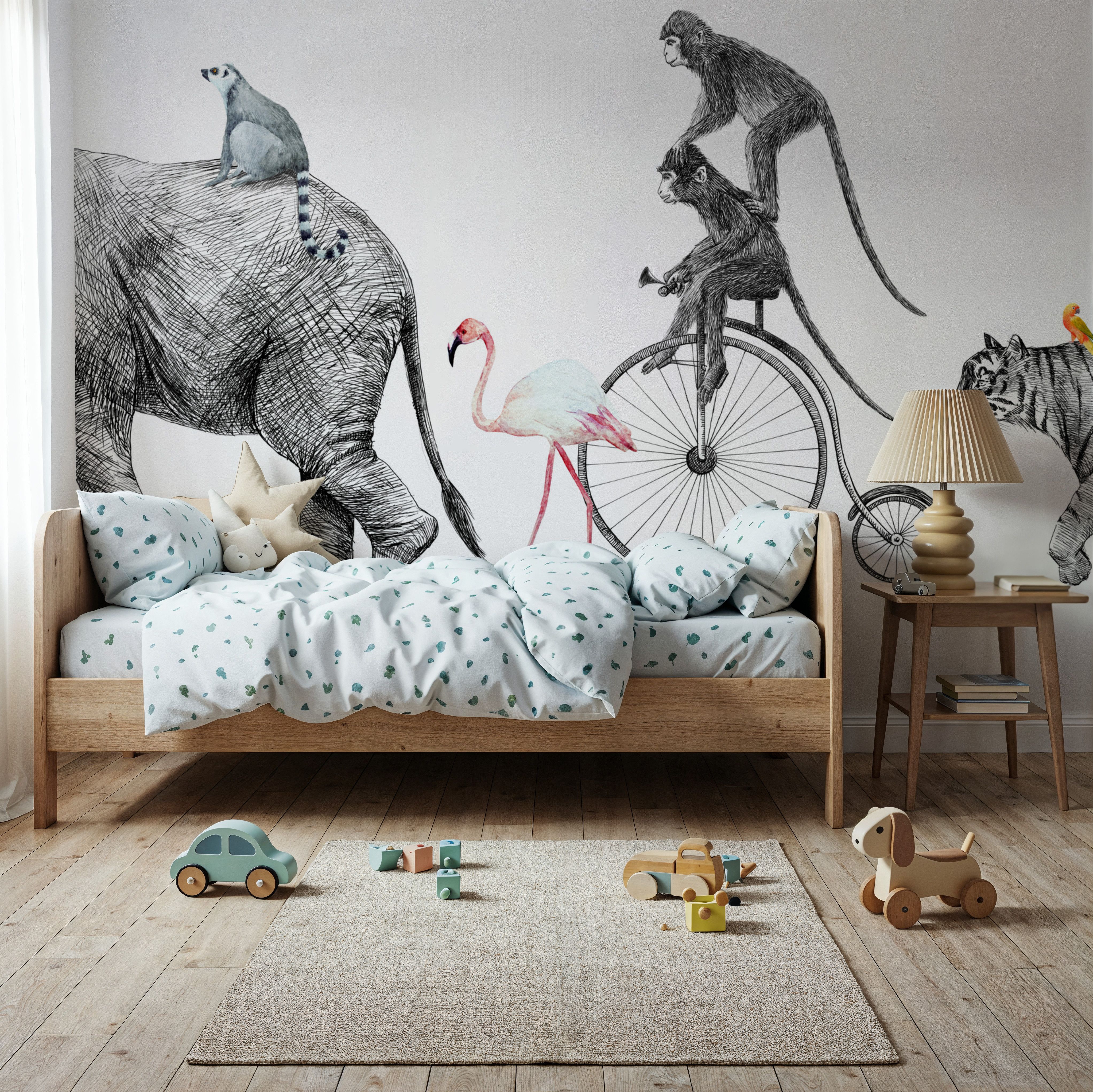 Fun Illustration of Elephant, Tiger & Monkeys on a Walk
