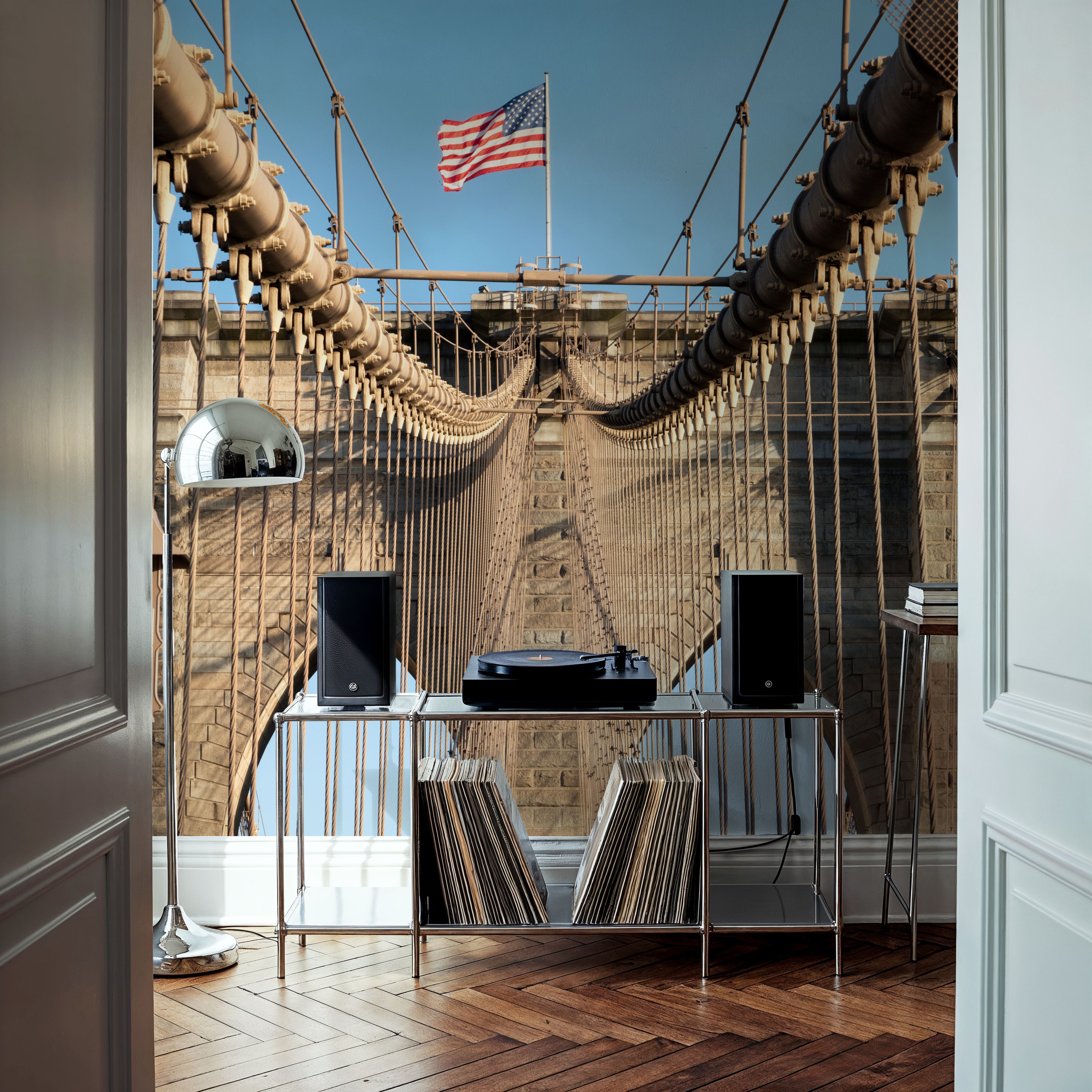 Wall Mural - Brooklyn Bridge Symmetry - Architecture mural wallpaper - Blue - Hallway staircases - Wallism US - Premium, Textured or Peel & Stick