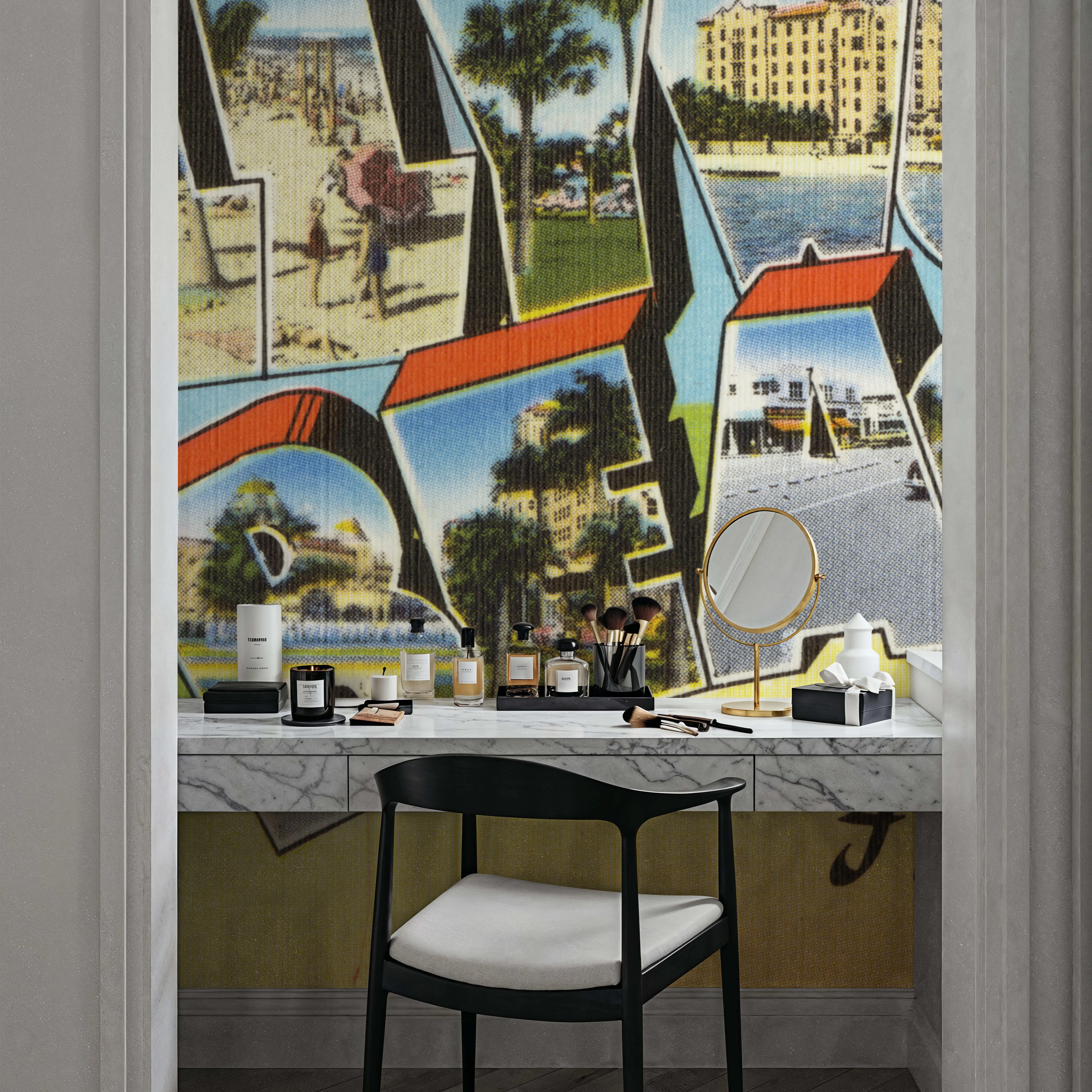 Wall Mural - Greetings from Hollywood Beach - Screenprint Postcard - Beach Travel & Landmarks mural wallpaper - Blue - Offices - Wallism UK