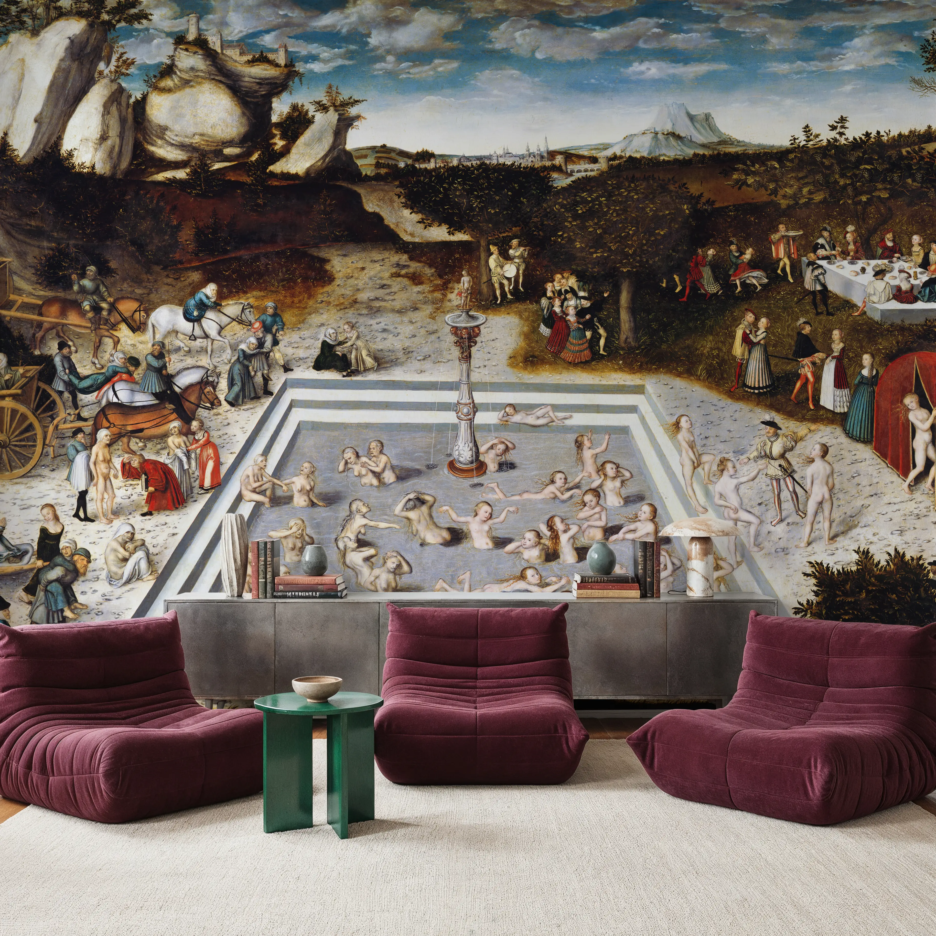 Fotobehang - The Fountain of Youth - Folk Grote Meesters Mural - Blauw - Gangtrappen - Wallism Nederland - Zelfklevend of Vliesbehang