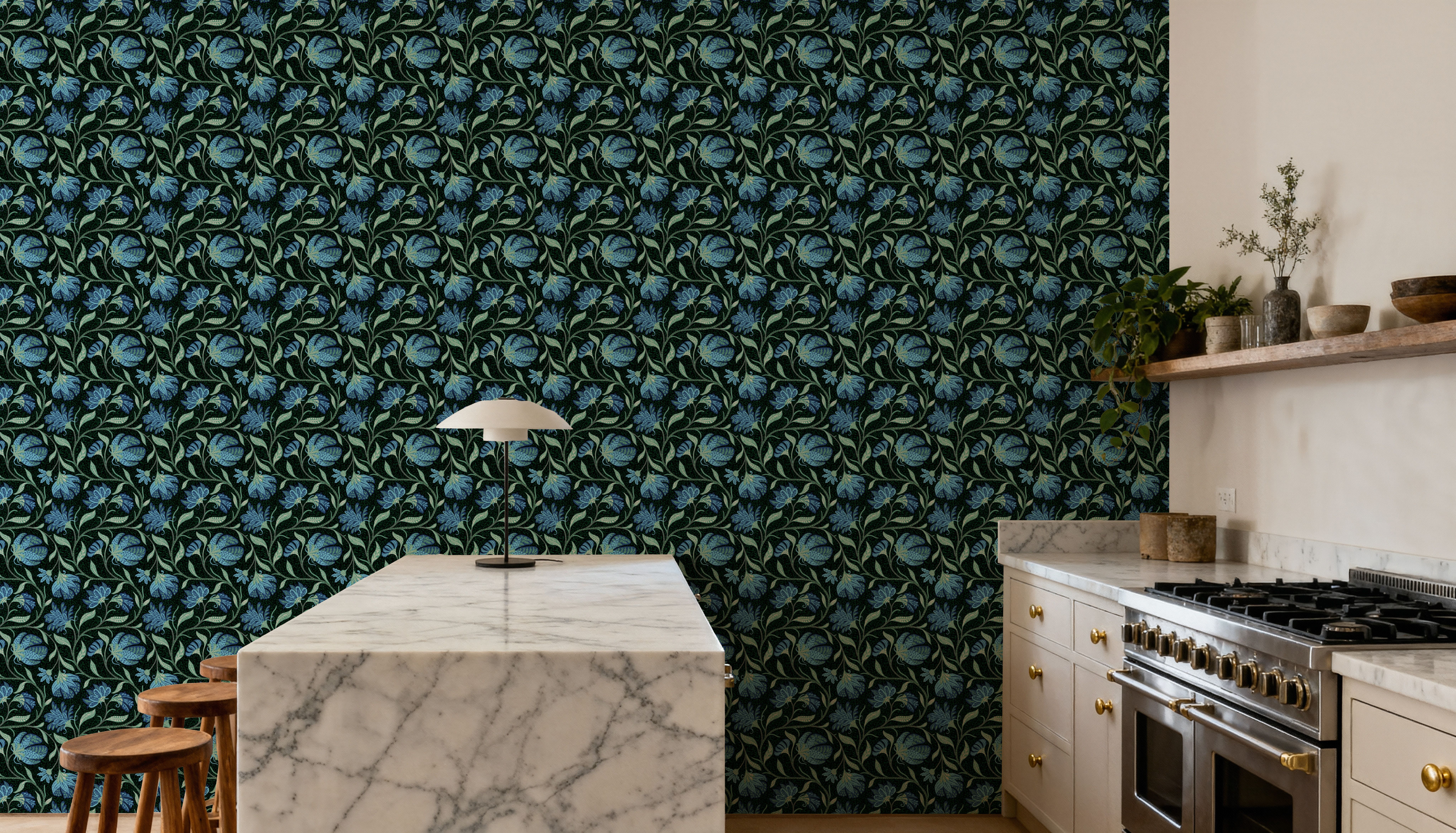 Indial Floral, Teal on Midnight