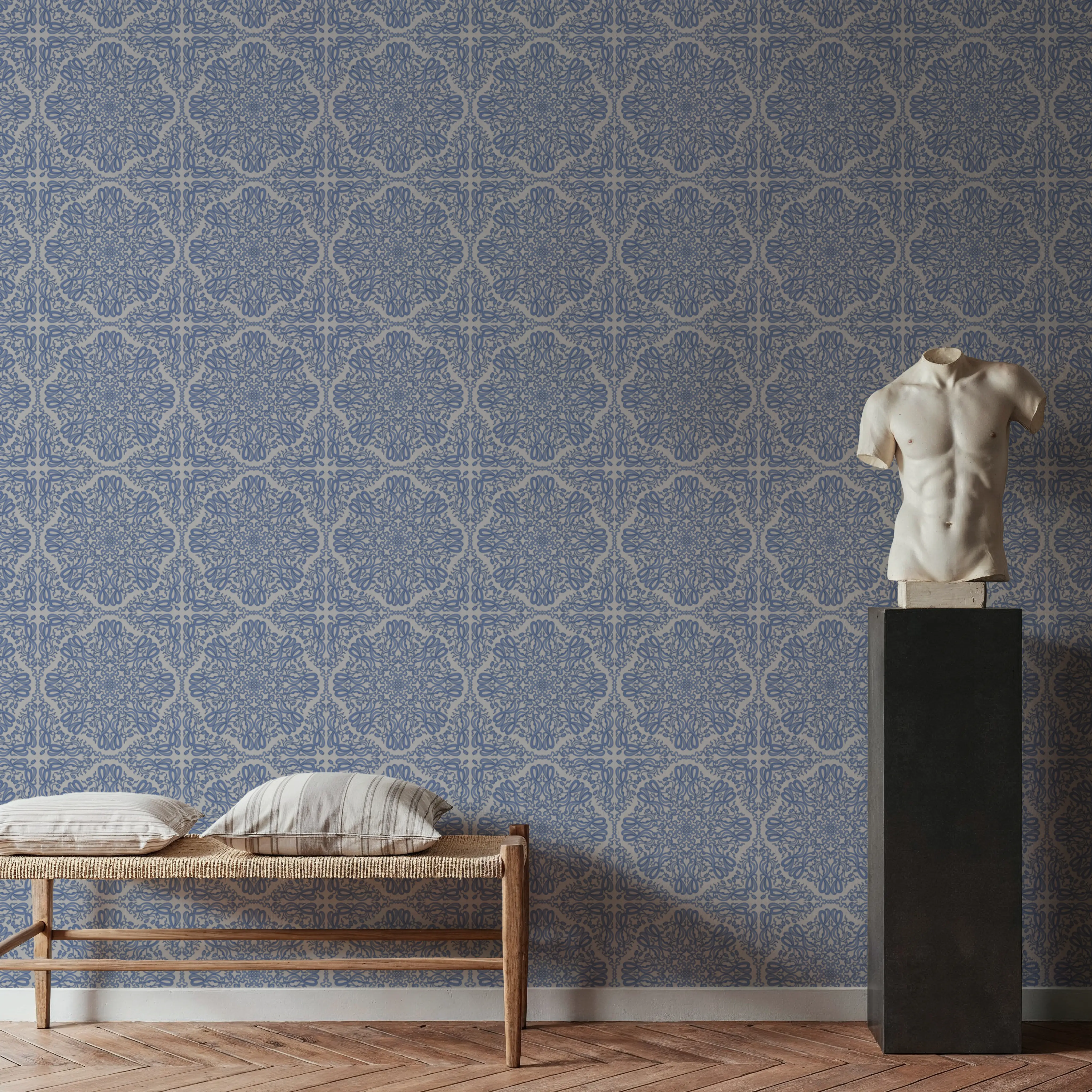 Wallpaper - Arabesque - Folk Toile de Jouy - Blue - Living room - Wallism UK - Peel & Stick or Paste-the-Wall