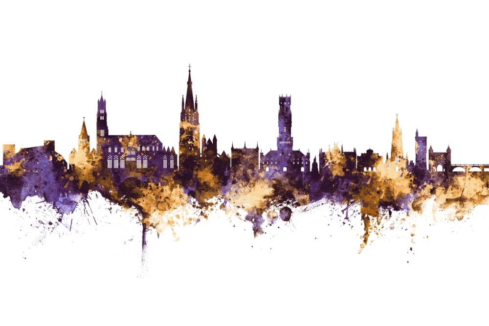 Bruges Belgium Skyline Purple & Gold