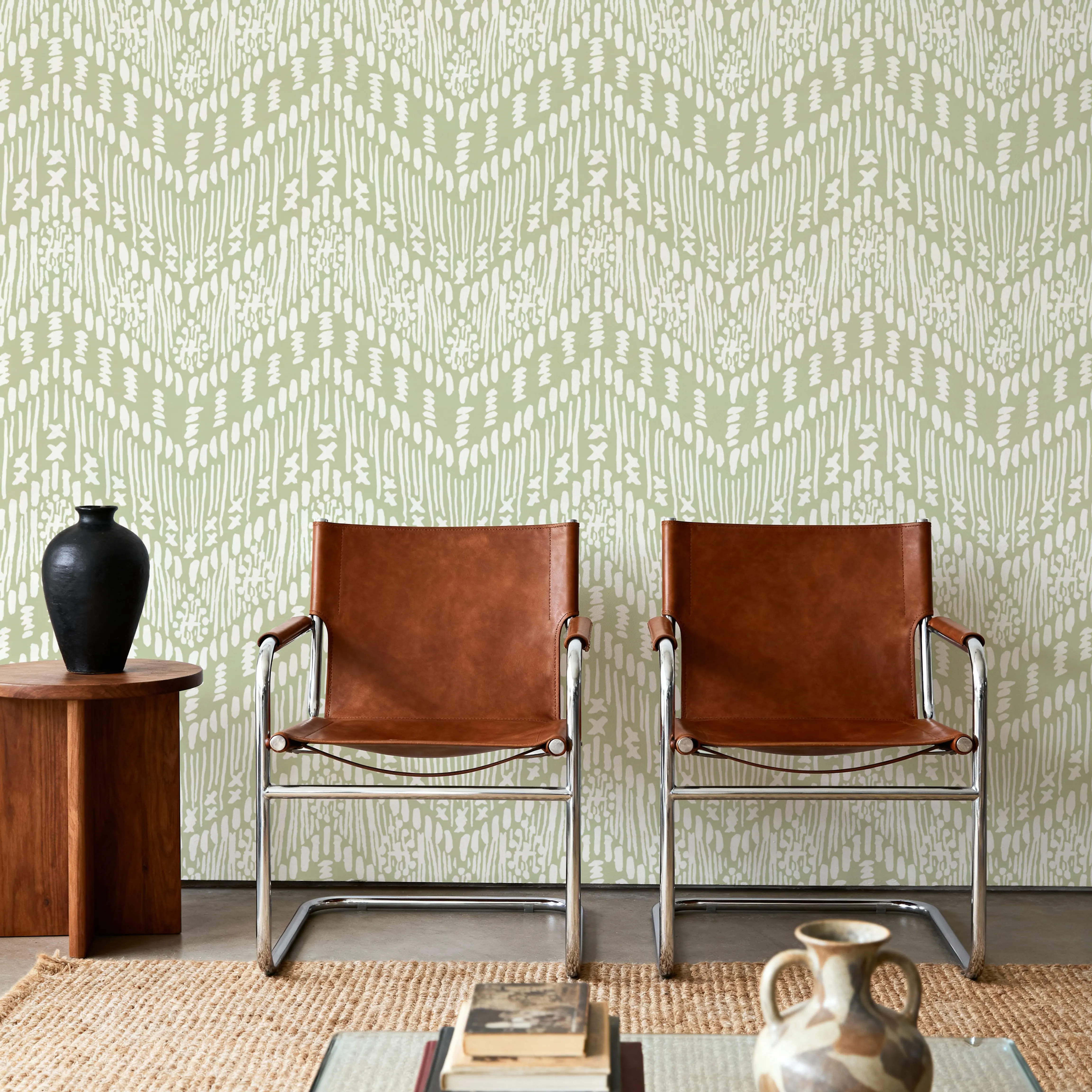 Wallpaper - Macrame Jigsaw Green - Ikat - Green - Hallway staircases - Wallism UK - Peel & Stick or Paste-the-Wall