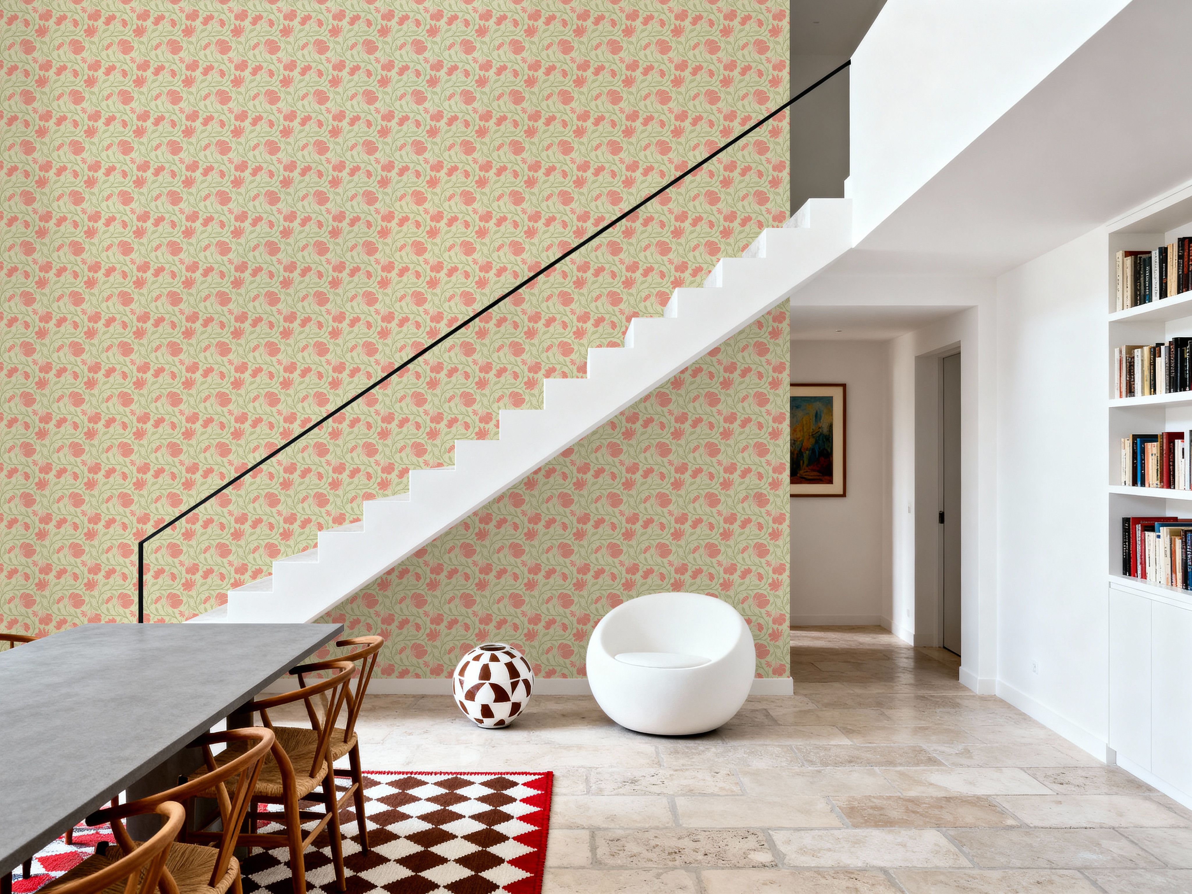 Indial Floral, Peach on Light Green