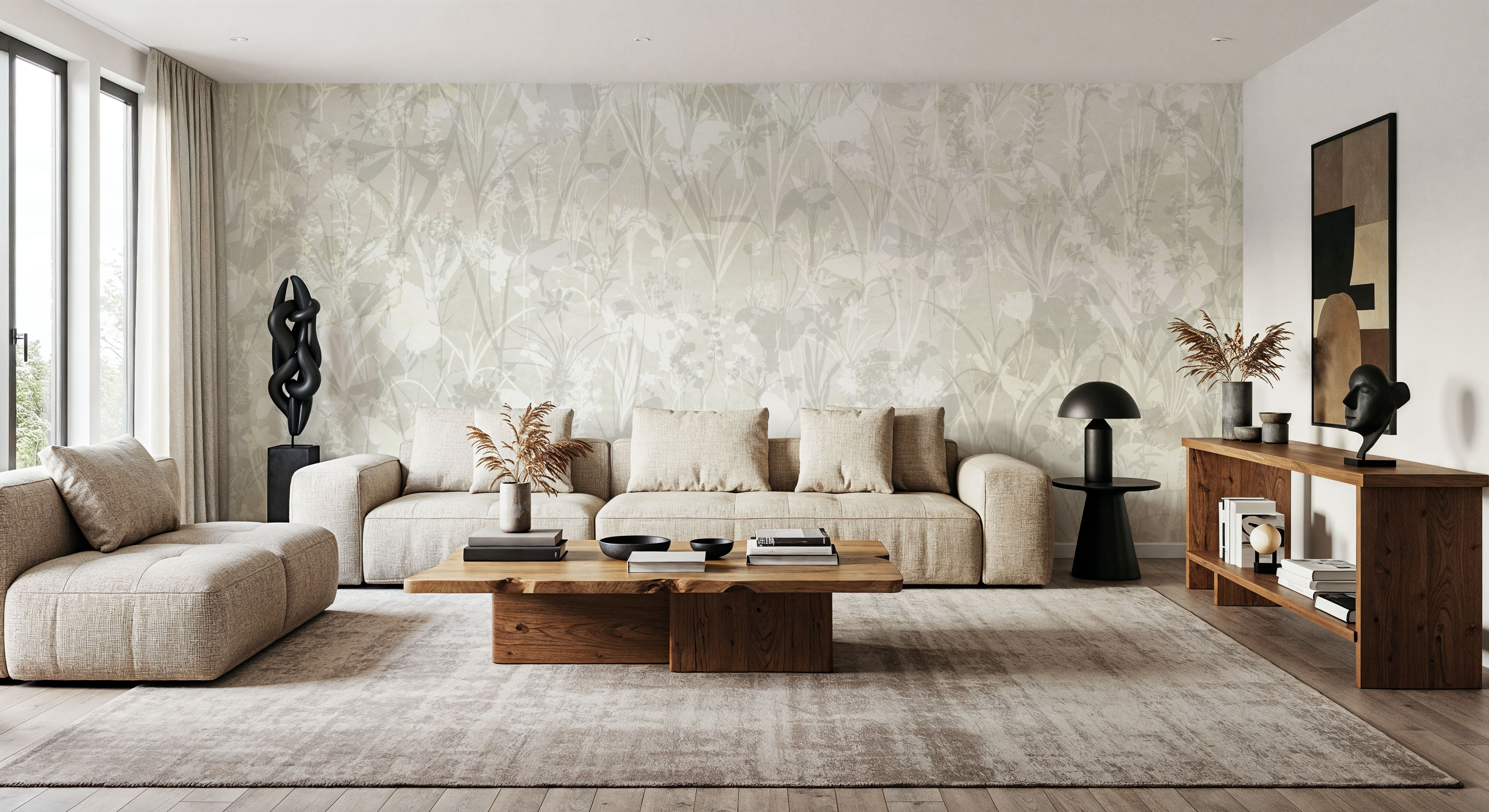 Herbals and Butterflies Double Silhouette Yellow, Wallpaper