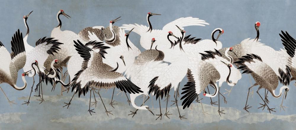 Japanese Flock of Cranes, Misty Sky