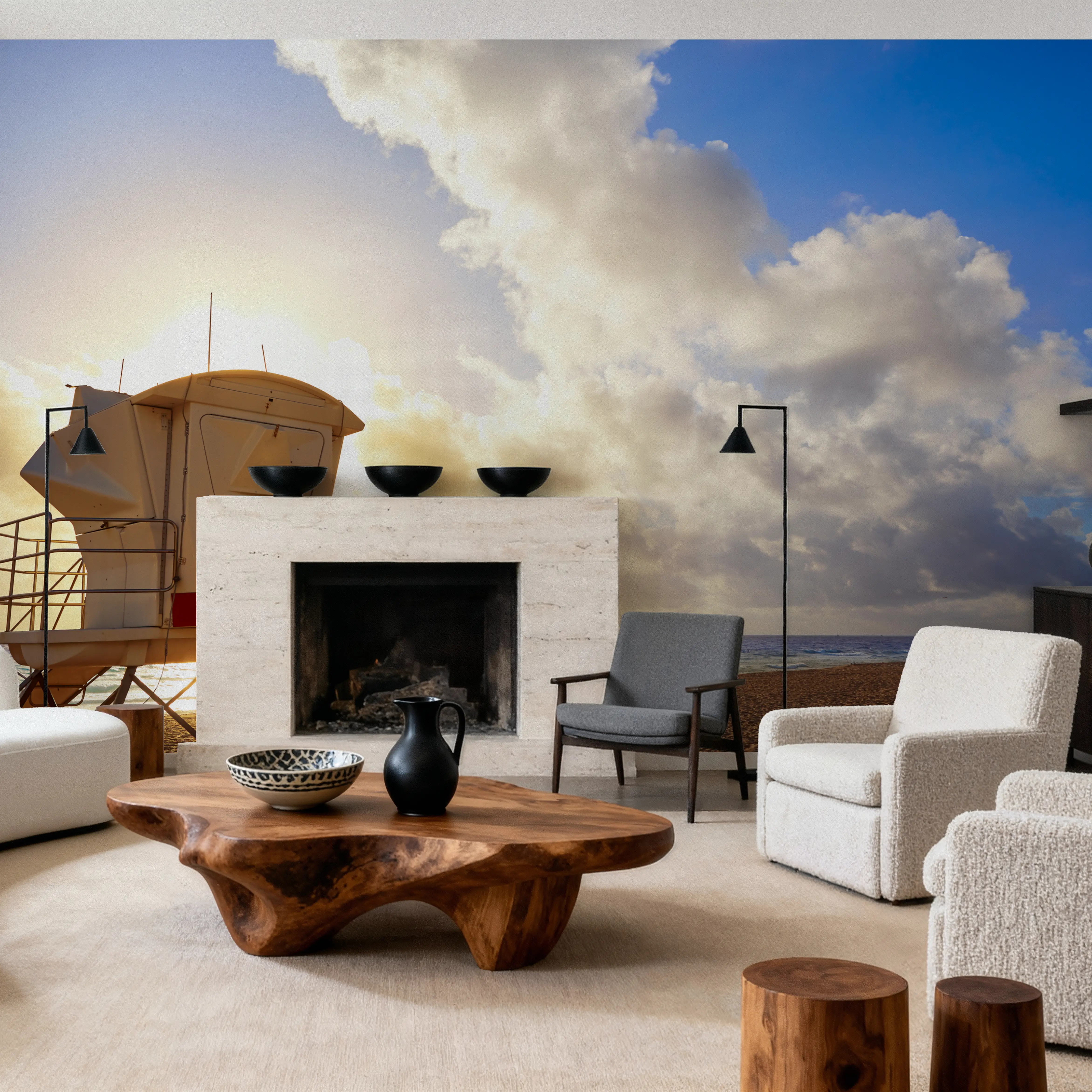 Fotobehang - Baywatch Tower Florida - Strand Lucht Mural - Geel - Woonkamer - Wallism België - Zelfklevend of Vliesbehang