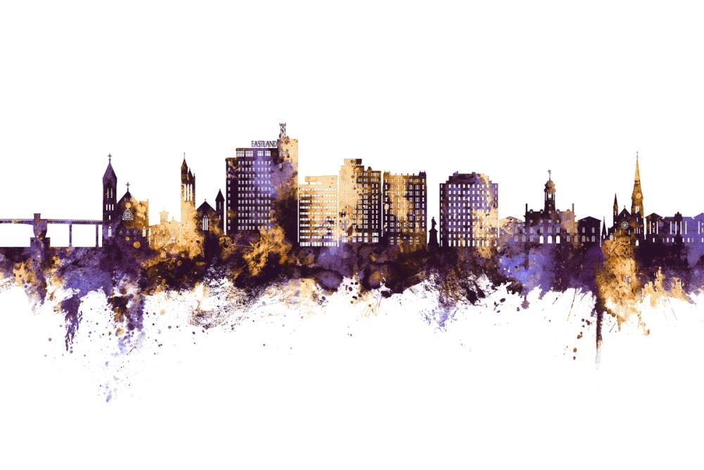 Portland Maine Skyline Purple & Gold