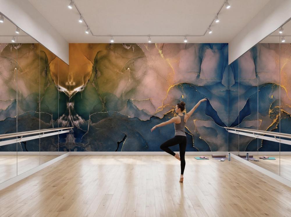 an interior photo of a dance studio with a abstract wall mural on the back wall