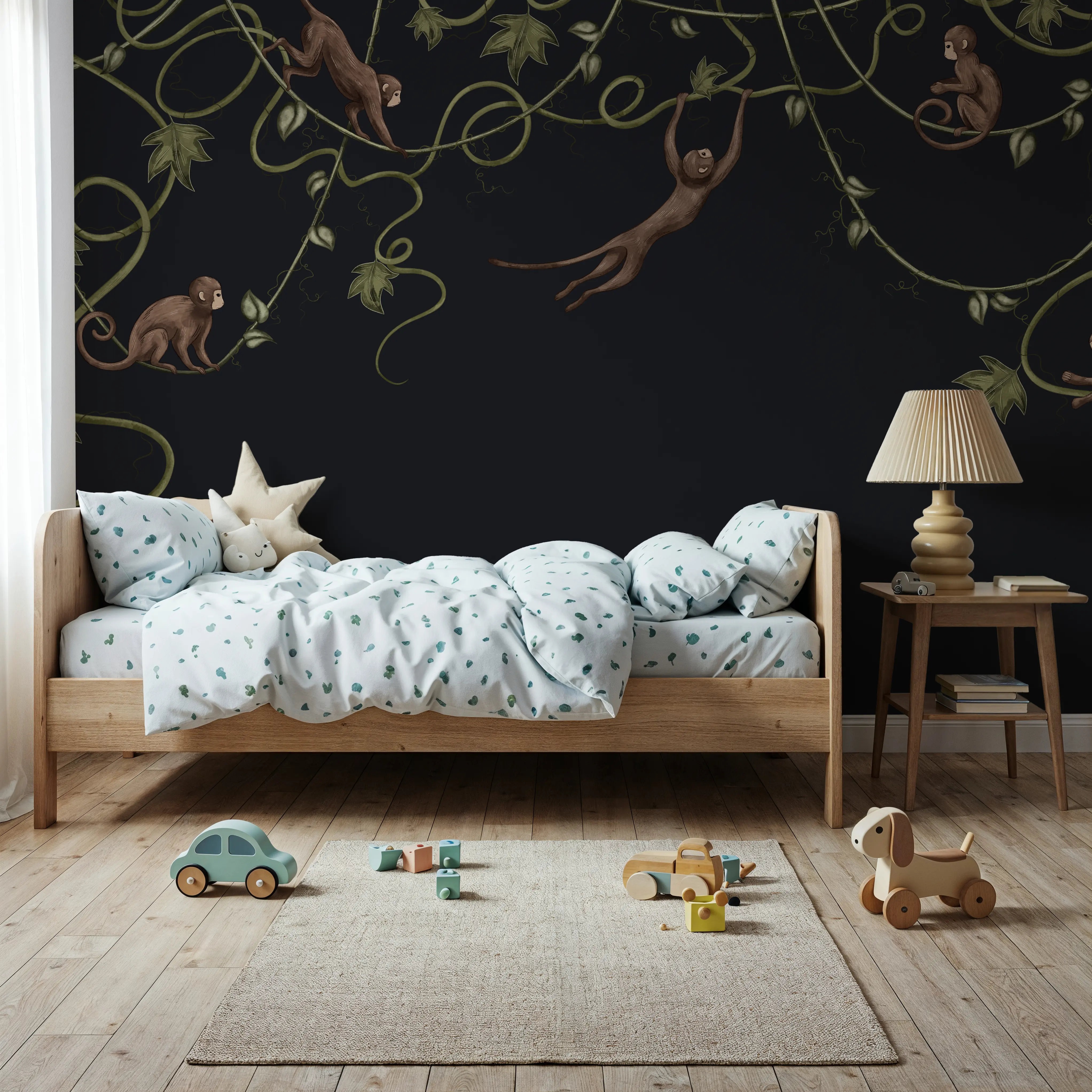 Fotobehang - Monkey Jump, Midnight Black - Chinoiserie Dieren Mural - Bruin - Kinderkamer - Wallism België - Zelfklevend of Vliesbehang