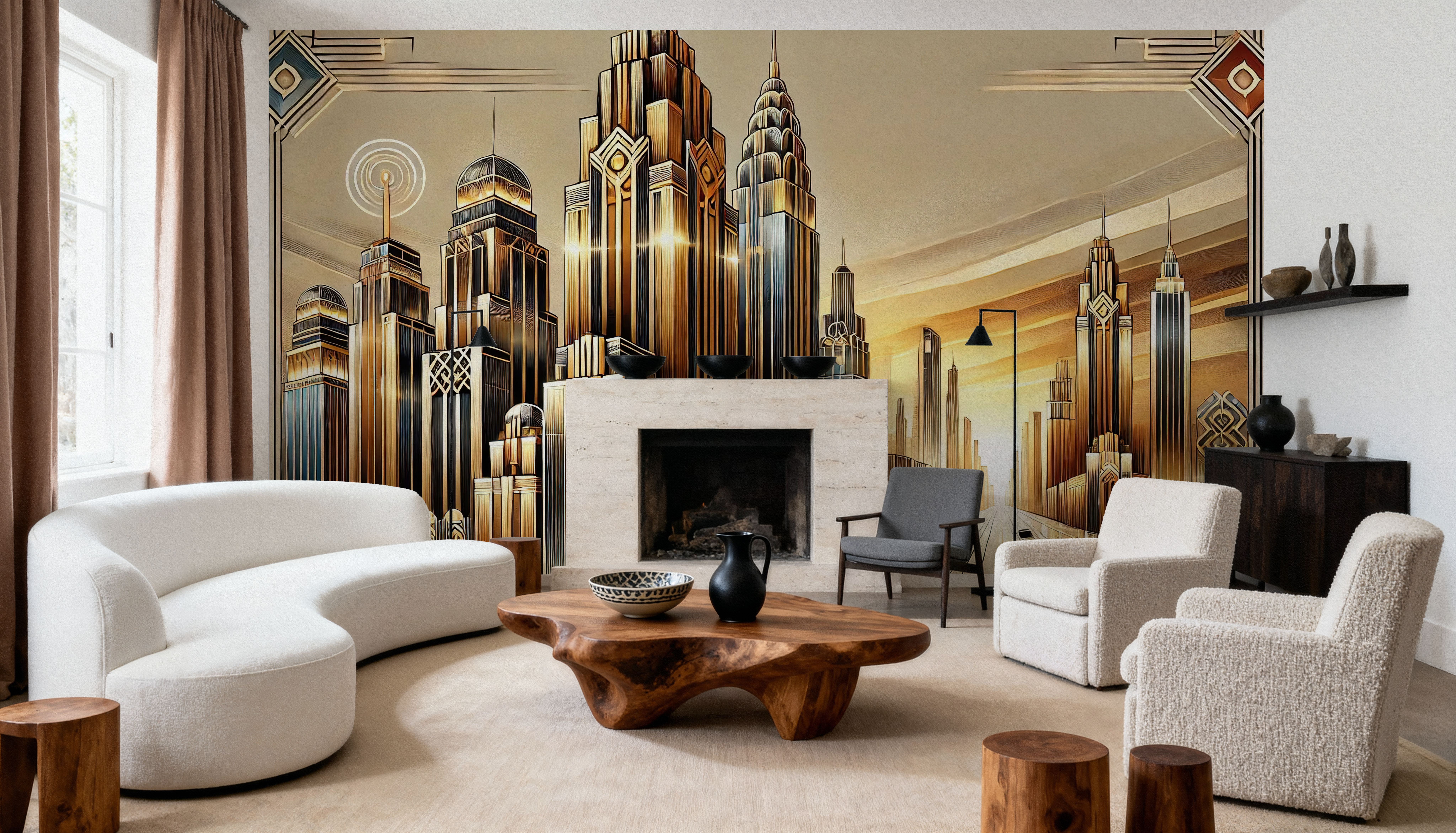 Golden City Skyline at Sunset in Art Deco